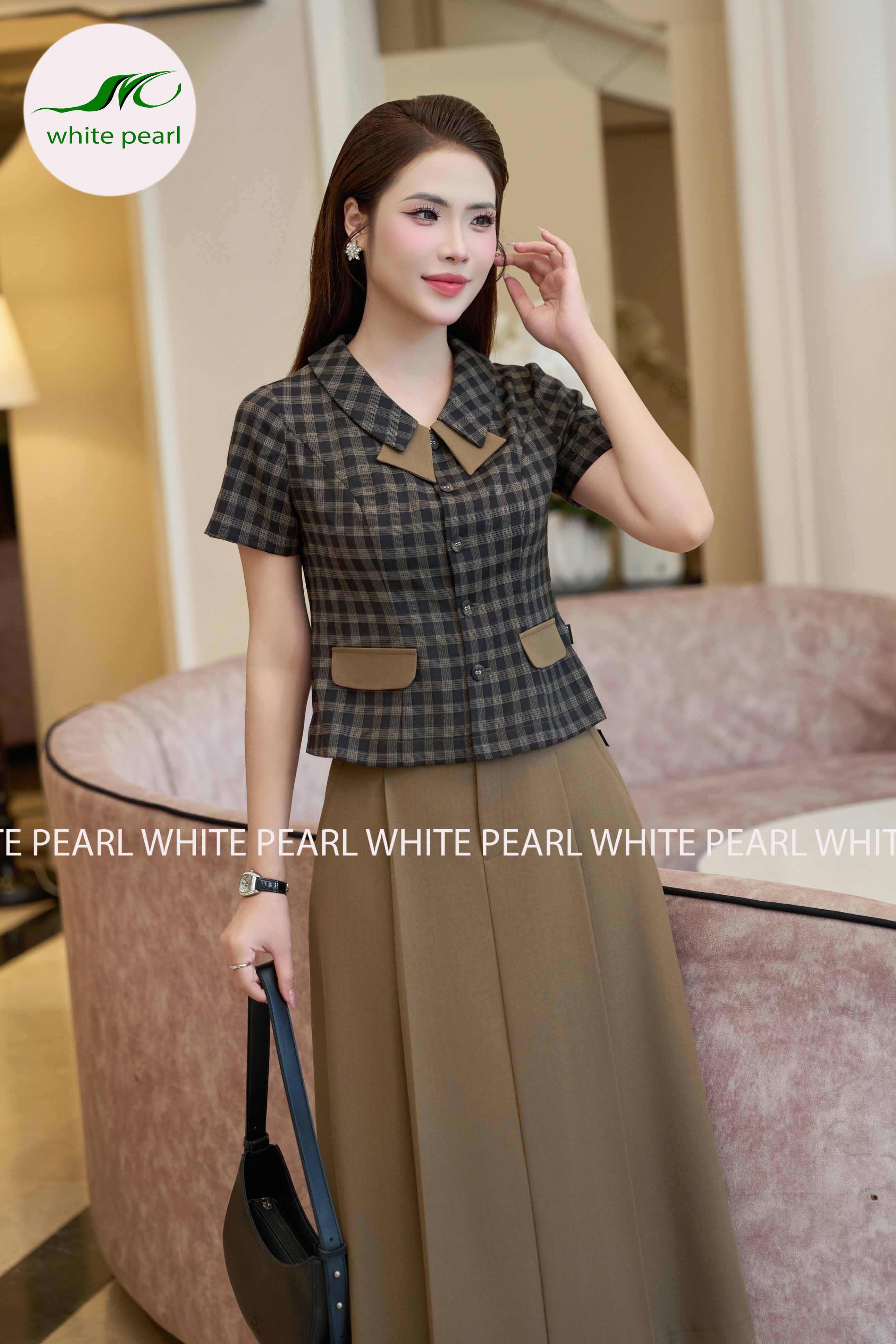 SET ký giả áo cổ sen vuông kết hợp chân váy thời trang công sở cao cấp White Pearl_thumbnail_3