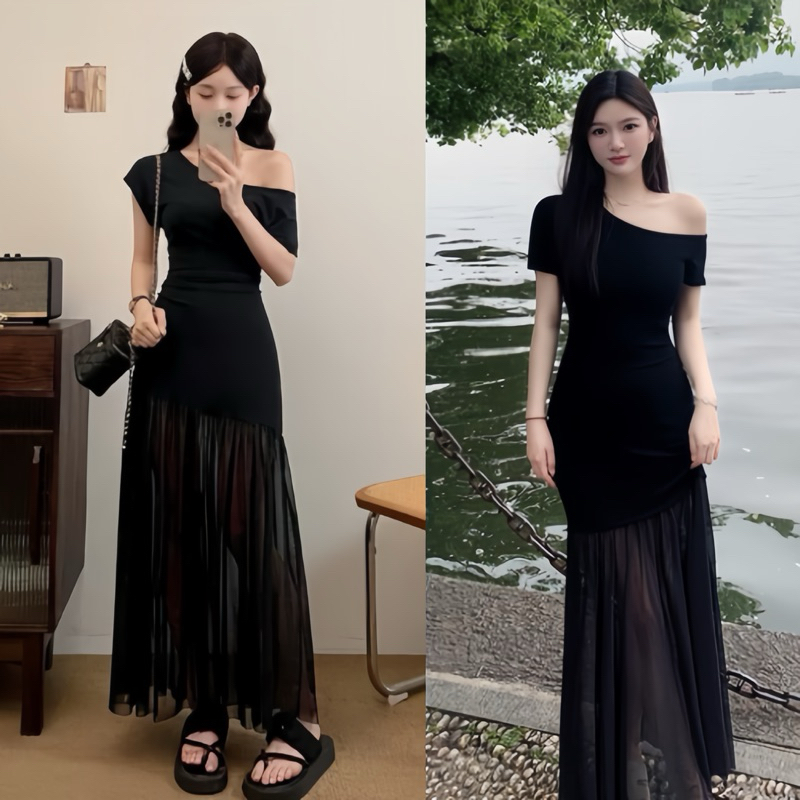 Đầm body lệch vai phối tơ, váy dự tiệc dáng dài sang chảnh Logastore_L198_thumbnail_1