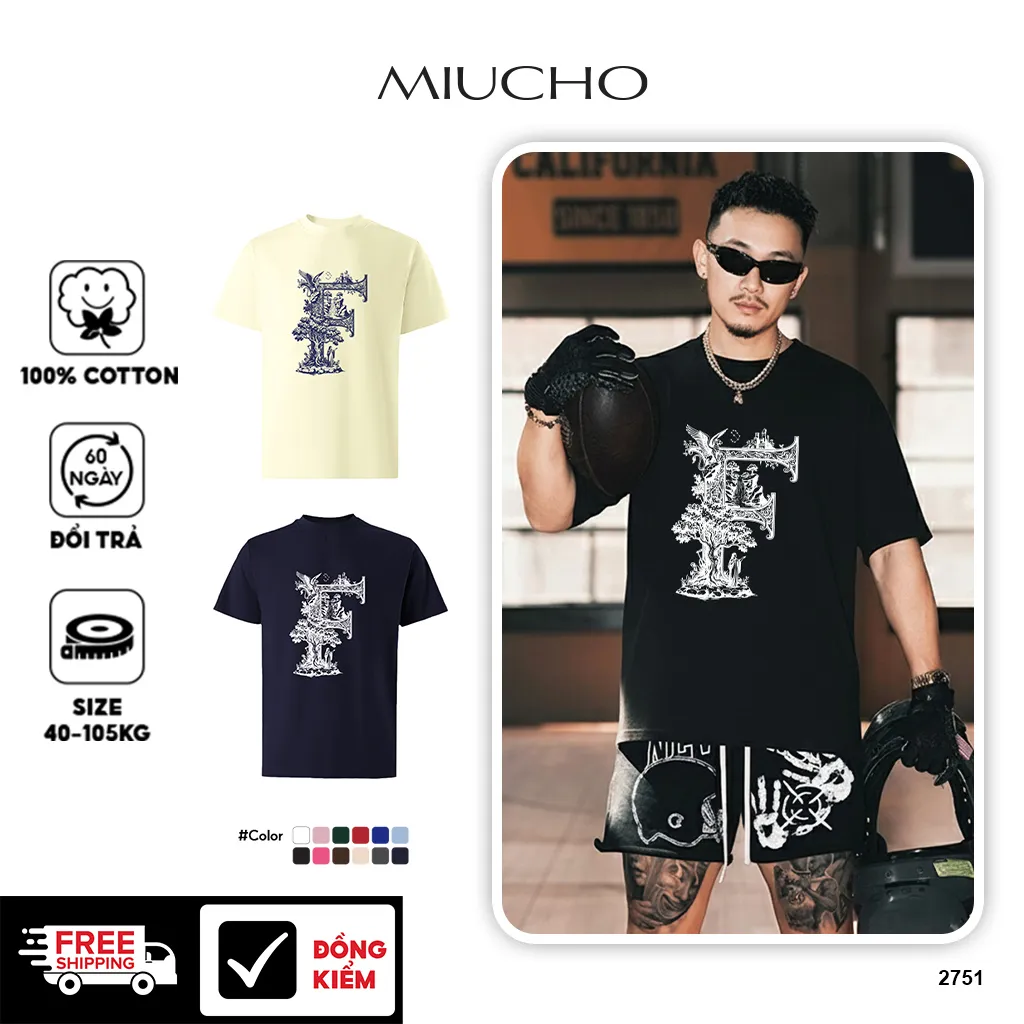 Áo thun nam form rộng Miucho Iconic vải cotton thoáng mát trẻ trung chữ cái F big size 2751