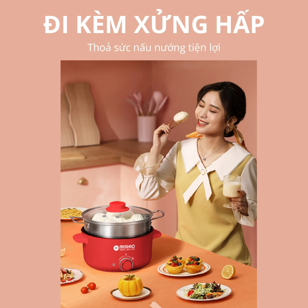 Nồi Lẩu Điện 4L Mishio MK328 có xửng hấp dùng được tối đa 6 người (MÀU ĐEN)_thumbnail_4