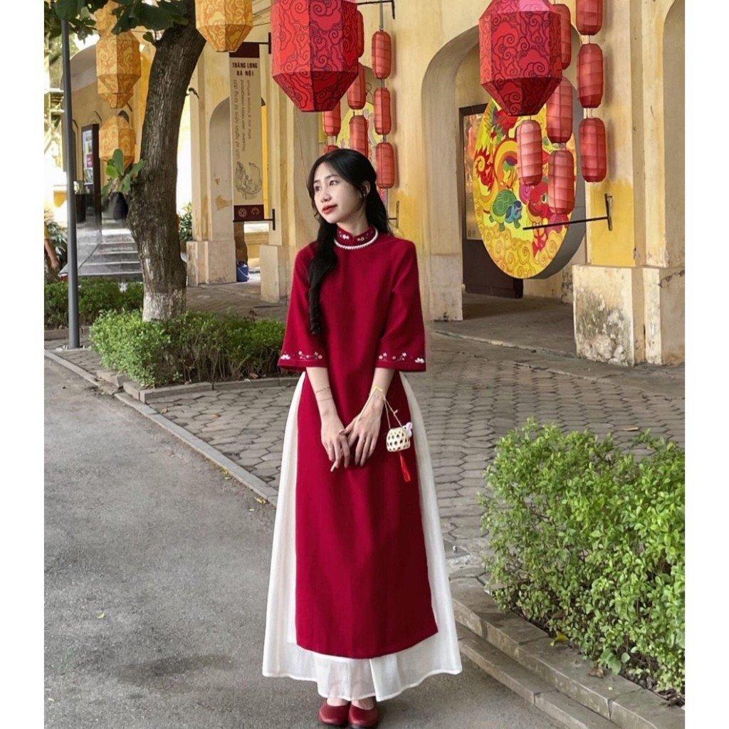 Nhung Tăm Áo Dài Cách Tân Nữ Váy Dáng Suông TH04-2 Thêu Hoa Lá Thời Trang TH04-2