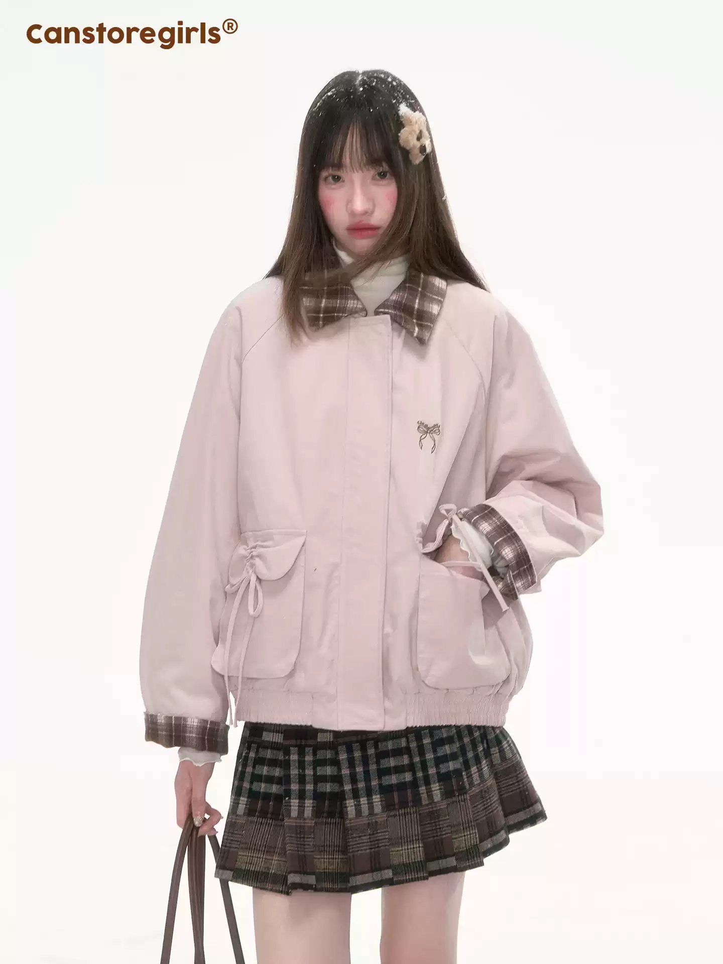 CANSTOREGIRLS Áo khoác mùa đông mới chất liệu cotton ngắn tay Cans Store 'Pink Mist Sniper' Retro Girlish Contrast Collar