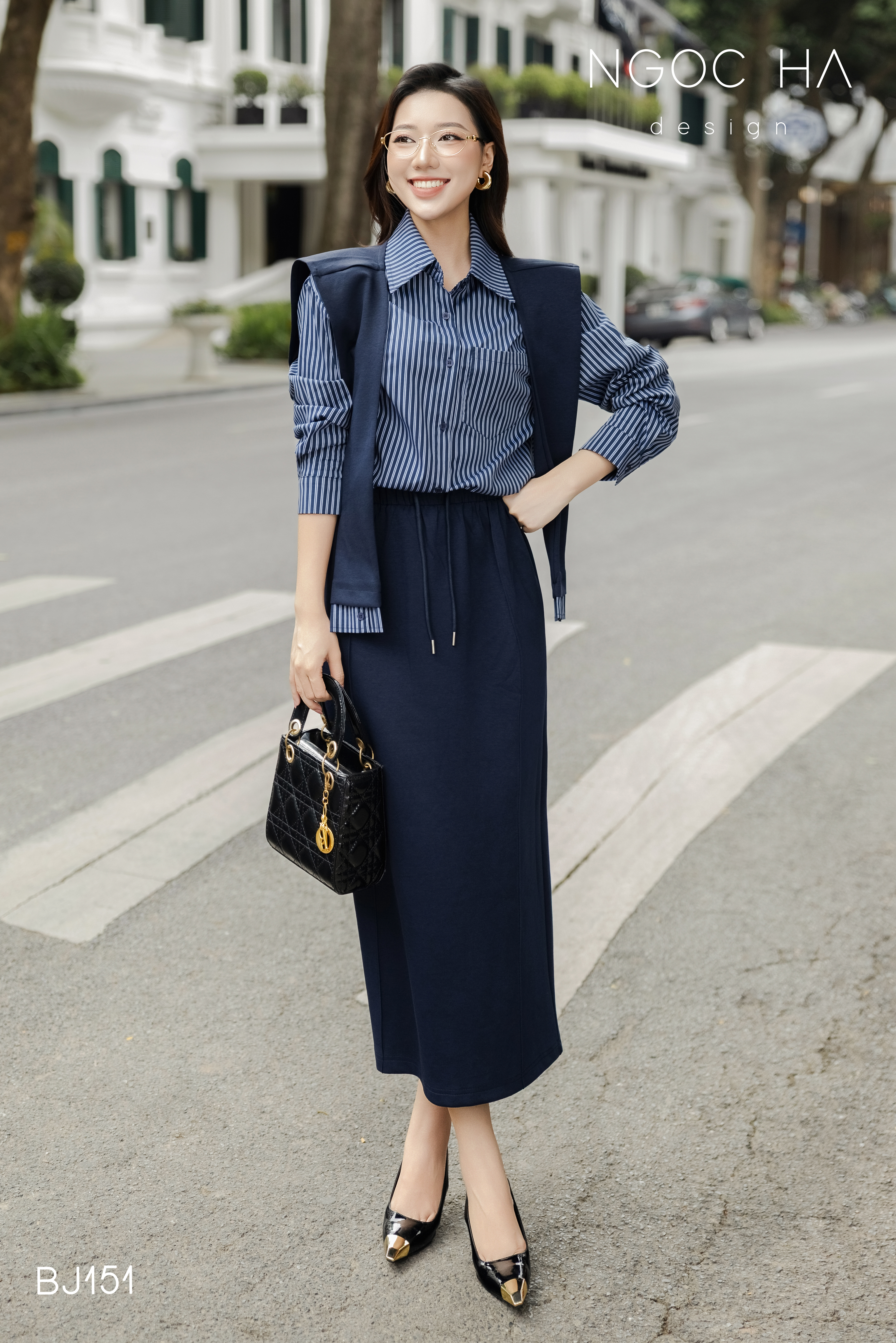 Giulia Set_ Bộ Áo Sơ Mi Kẻ Sọc Mix Chân Váy Thun  Màu Xanh BJ151