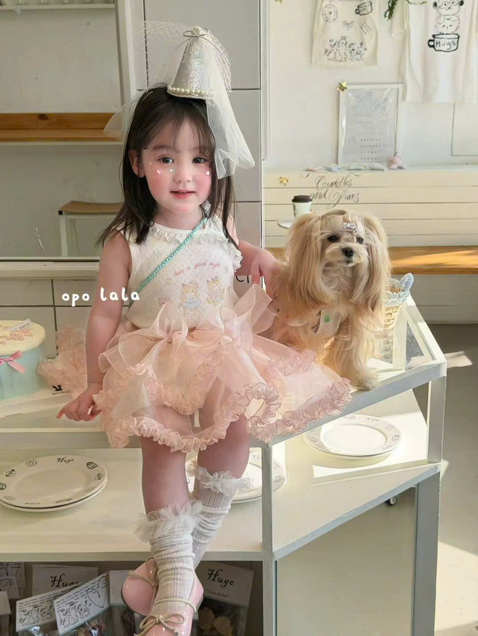 C127 - Chân váy voan tầng bèo màu hồng pastel hãng OPL (Sz90-130)