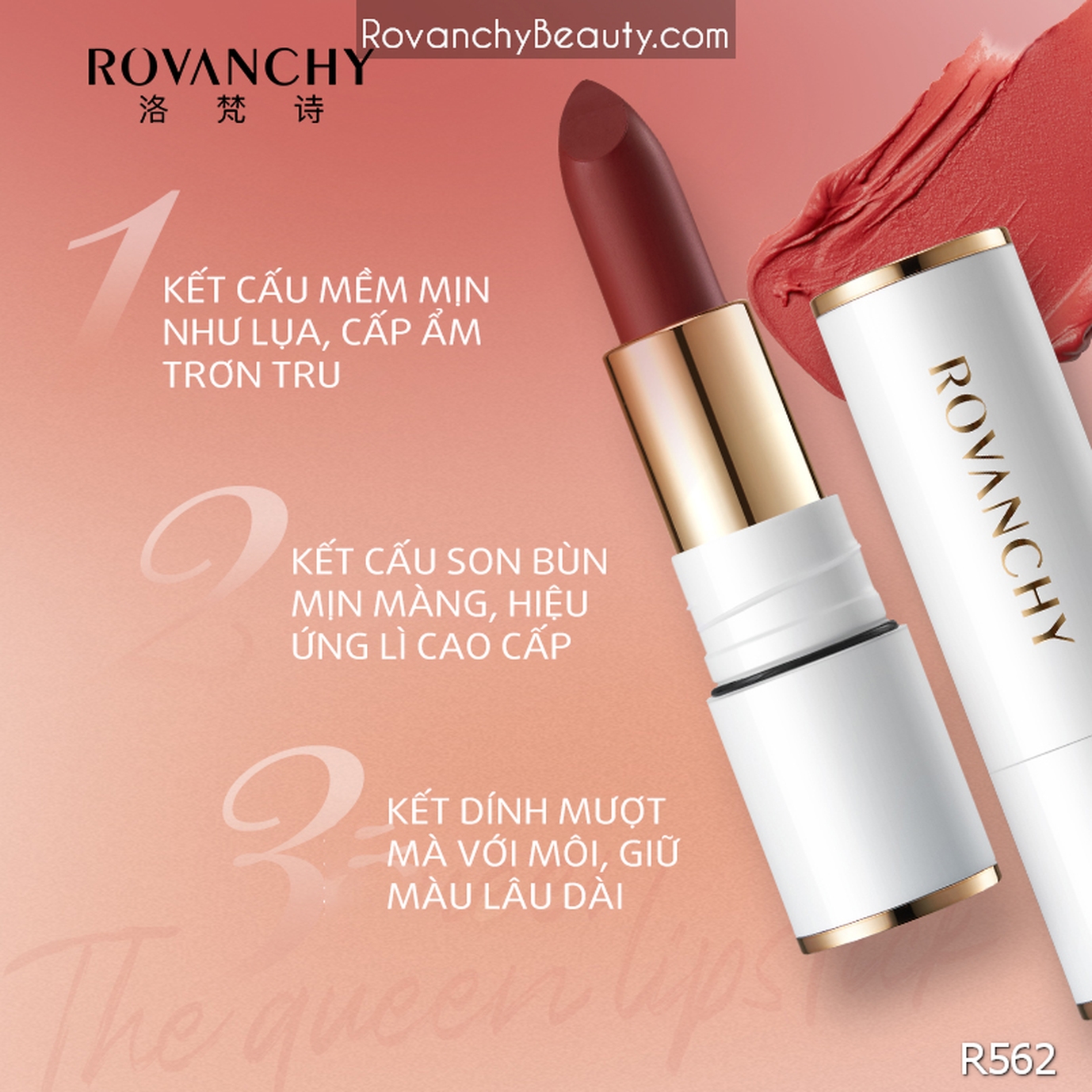 Son Lì Cao Cấp R562 ROVANCHY Không Trôi, Bền Màu, Lên Môi Mềm Mịn, Mẫu Mới 2025