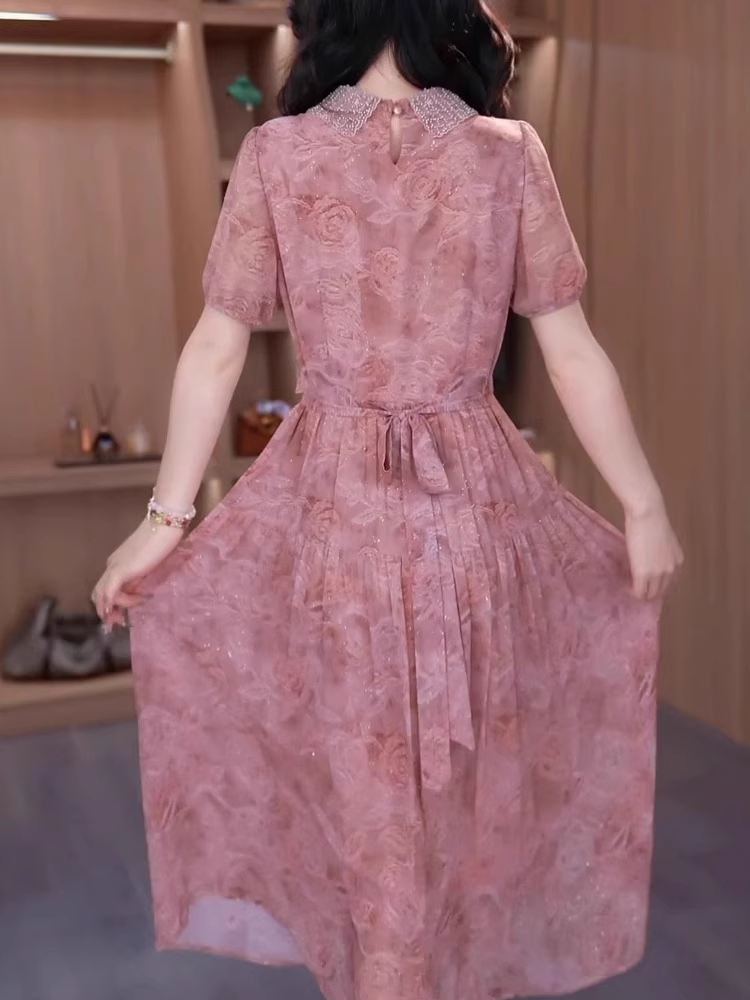 17404-Đầm voan in hoa hồng 3D cổ bẻ  cách điệu ( voan, lót)_thumbnail_1