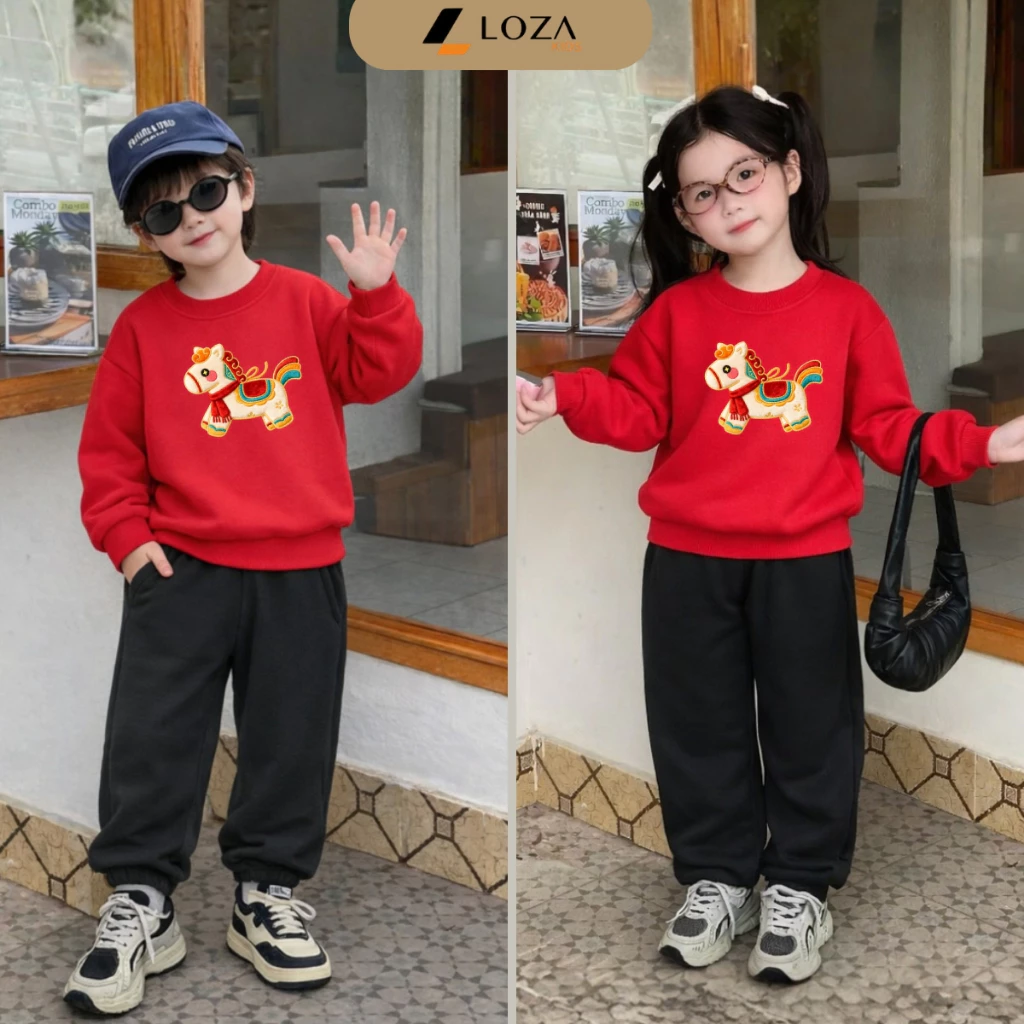 [BST Tết 2026] Bộ nỉ cho bé trai,bé gái in hình Ngựa Tết Bính Ngọ - Loza Kids BI004