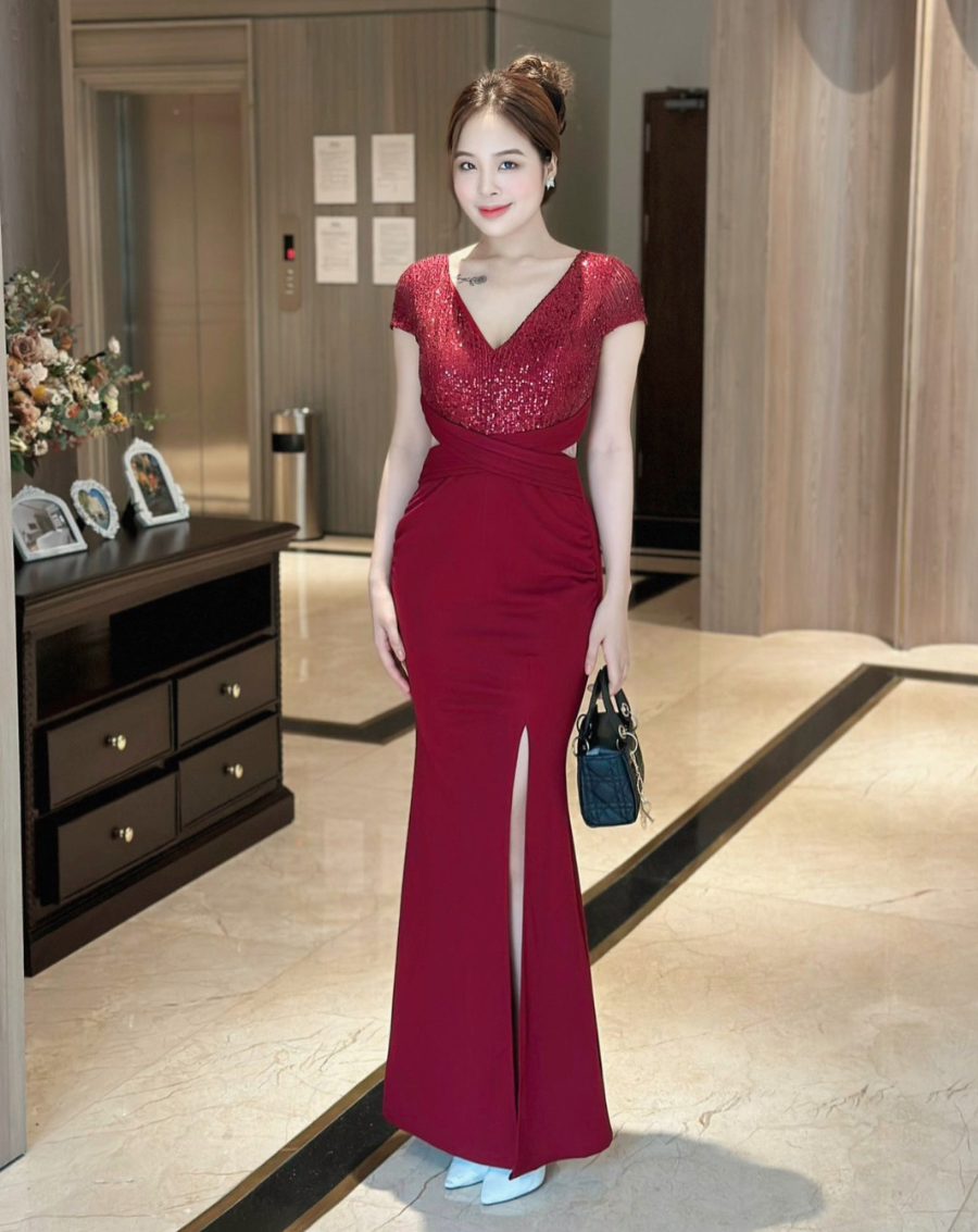 Đầm dạ hội phối Sequin cổ V chéo eo xẻ đùi sang trọng