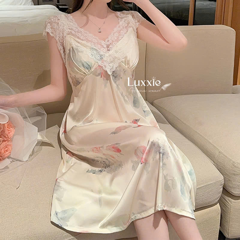 V08 Váy ngủ lụa sát nách cổ ren