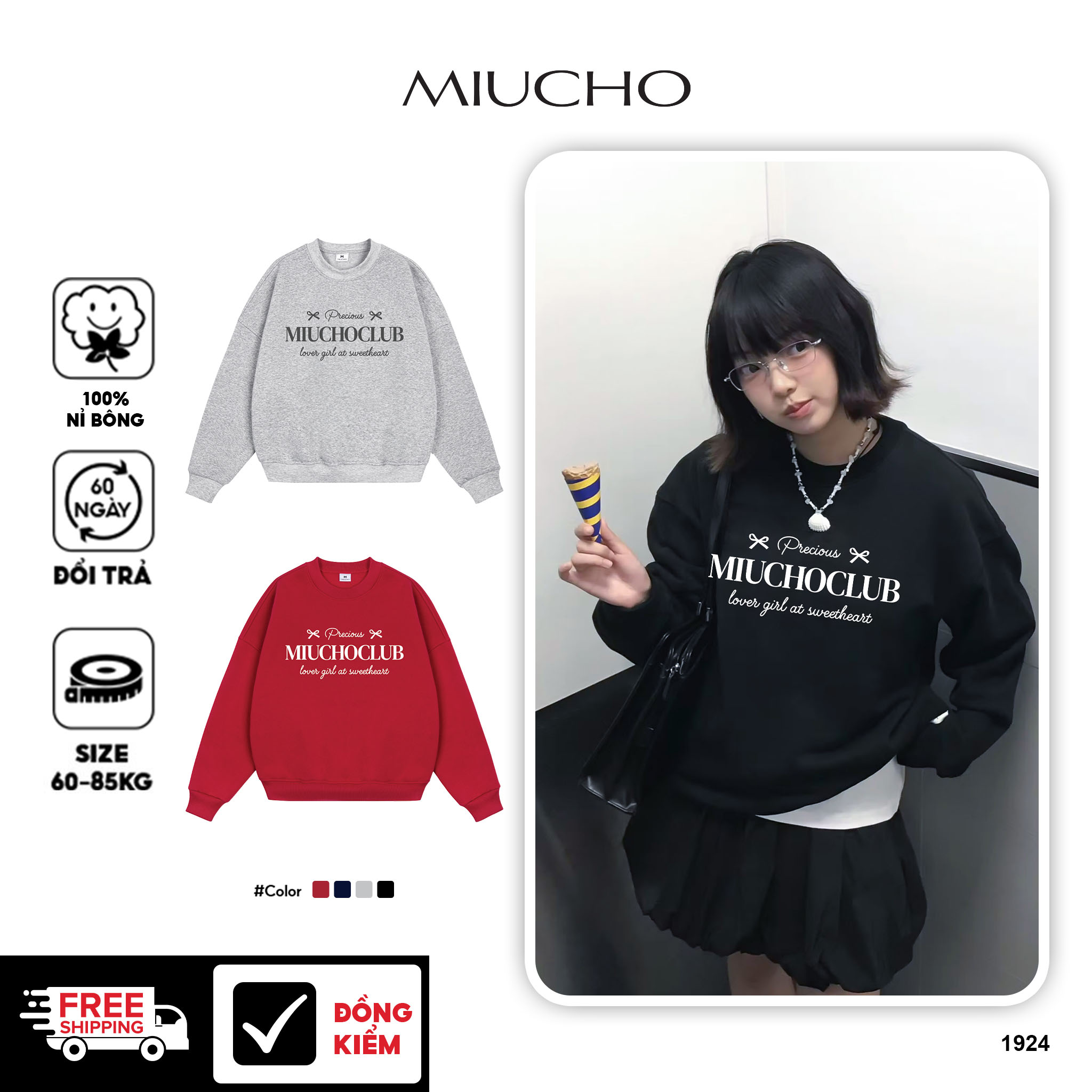 Áo sweater nữ form boxy 1924 Miucho cổ tròn vải nỉ bông 350 GSM dày dặn in basic
