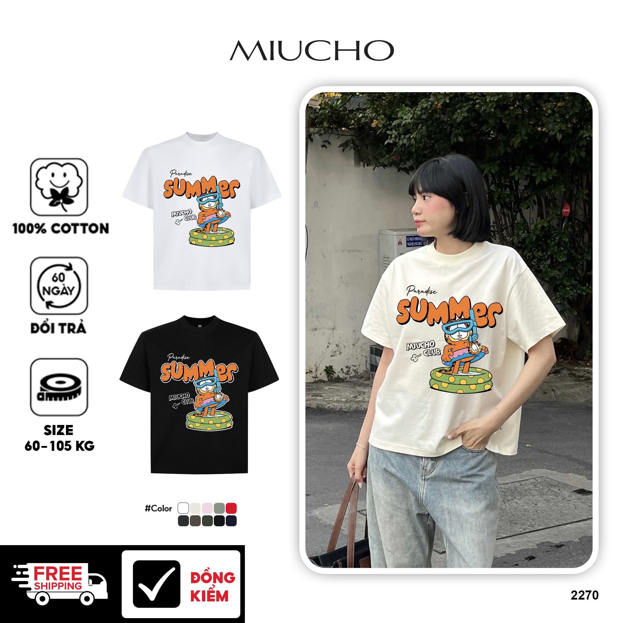 Áo thun boxy hè biển 2270 Miucho chất vải cotton 2 chiều cao cấp dày dặn đứng form in mix