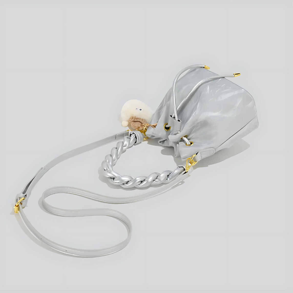 UHE Moon Puff 2509 – túi bucket da cao cấp, quai xoắn thời trang, charm bông xinh xắn, 3 màu hồng - trắng kem - xám bạc_thumbnail_9