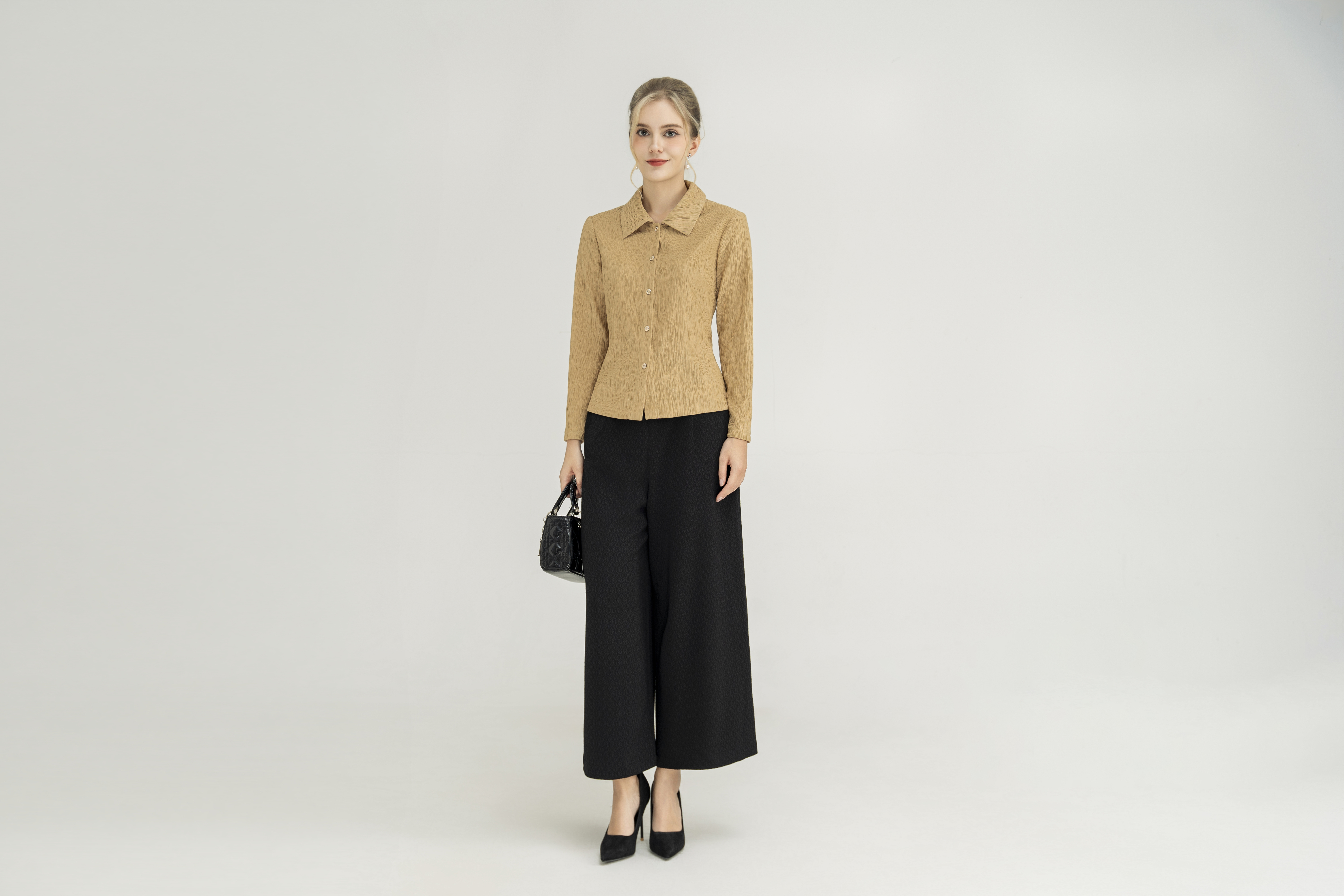 Áo sơ mi kiểu Vải thun gân 3D Cổ sơ mi cách điệu Tay dài Dài qua eo