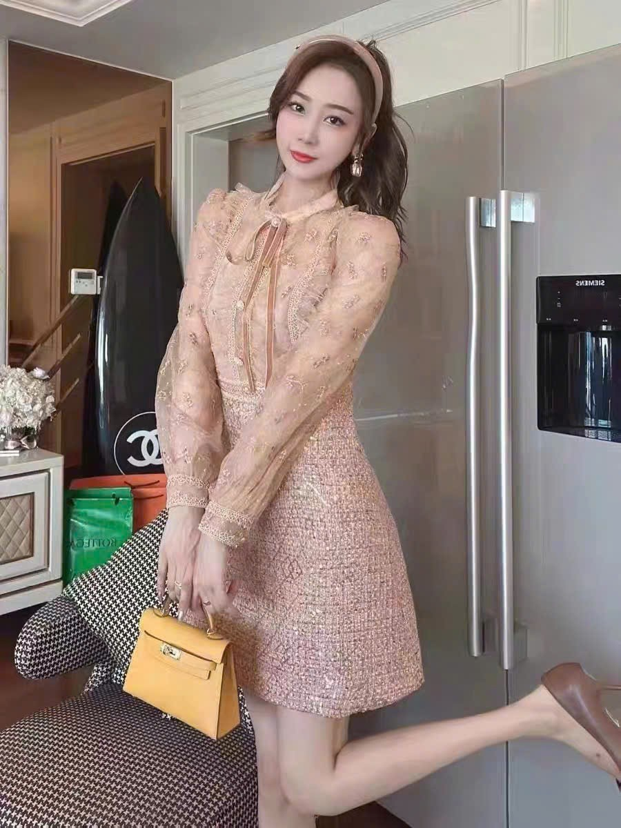 15724-Đầm suông A tiểu thư  phối tay voan dài (bố ruby, voan)_thumbnail_1