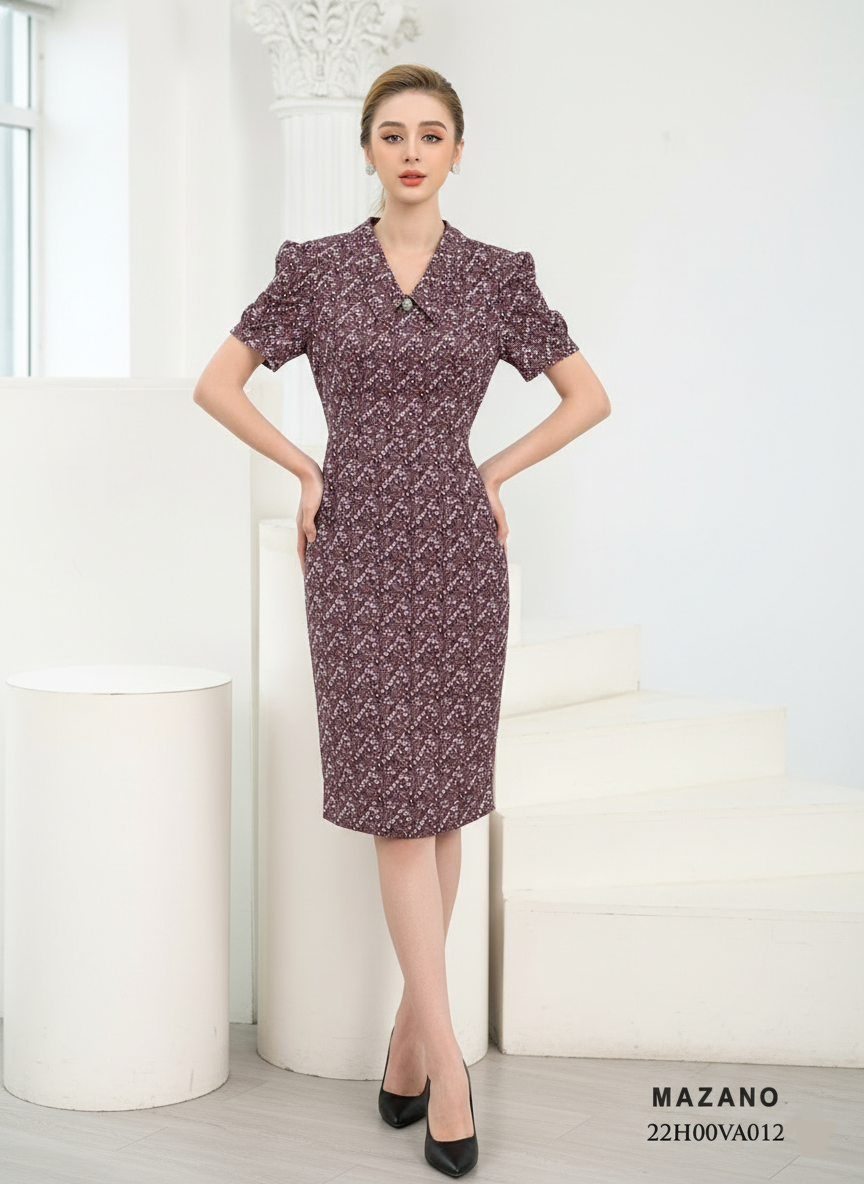 Đầm họa tiết cổ bẻ tay bồng