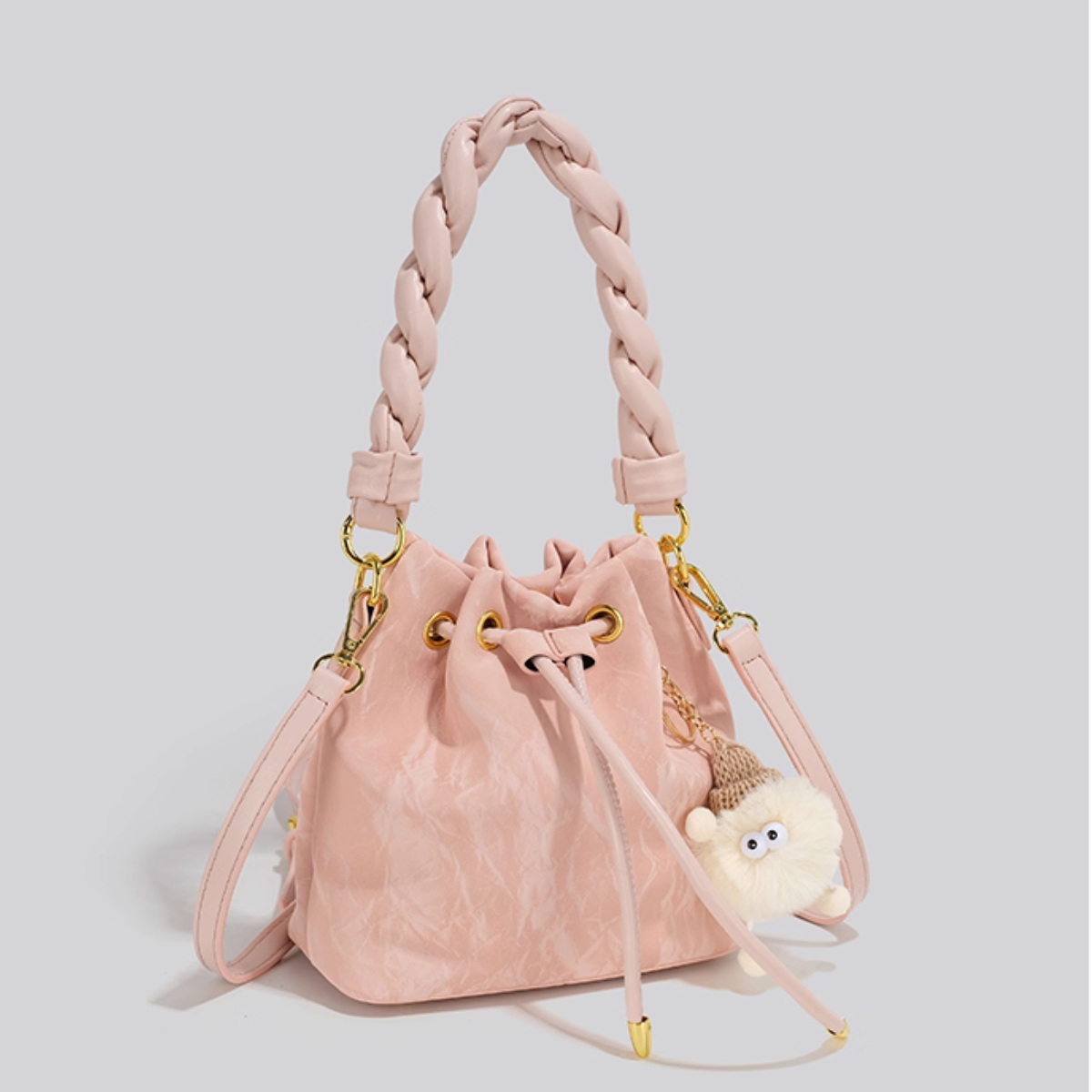 UHE Moon Puff 2509 – túi bucket da cao cấp, quai xoắn thời trang, charm bông xinh xắn, 3 màu hồng - trắng kem - xám bạc_thumbnail_3