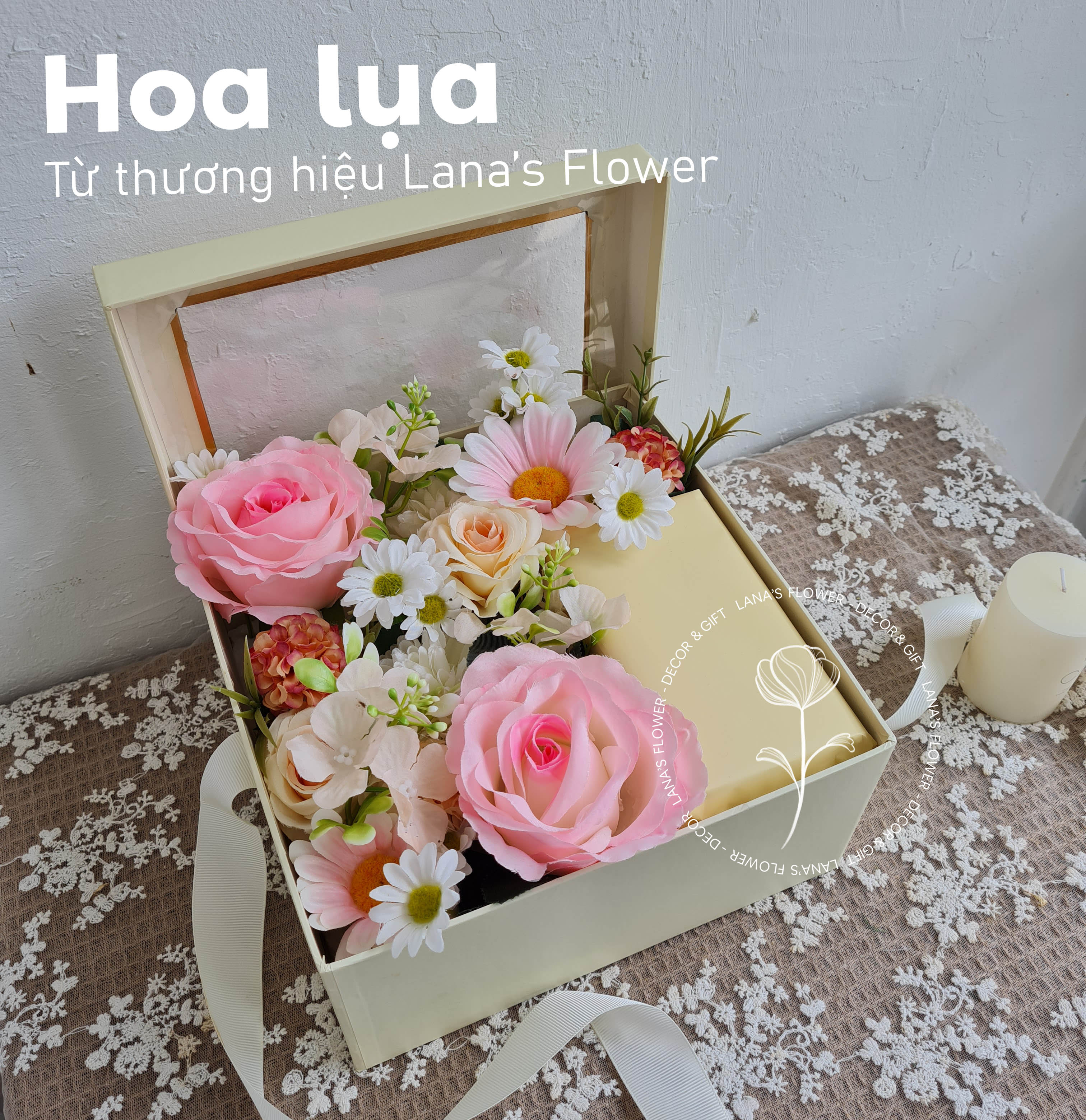 Hộp hoa lụa tone Hồng (có chỗ để kèm quà tặng)