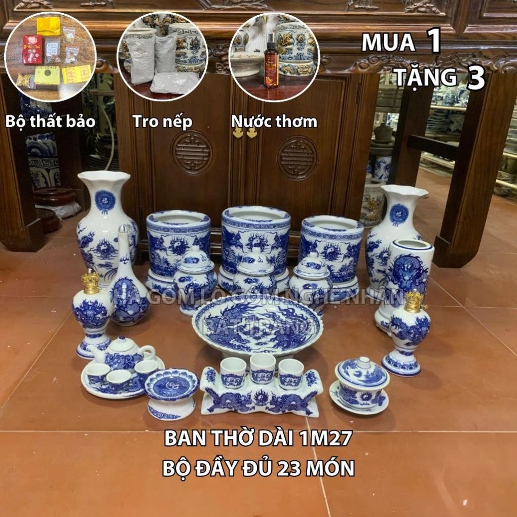 HG355 Đồ Thờ Cúng Bộ 23 món ban thờ 1M27 men lam nghệ nhân Bát Tràng chế tác TẶNG Thất Bảo, Tro Nếp