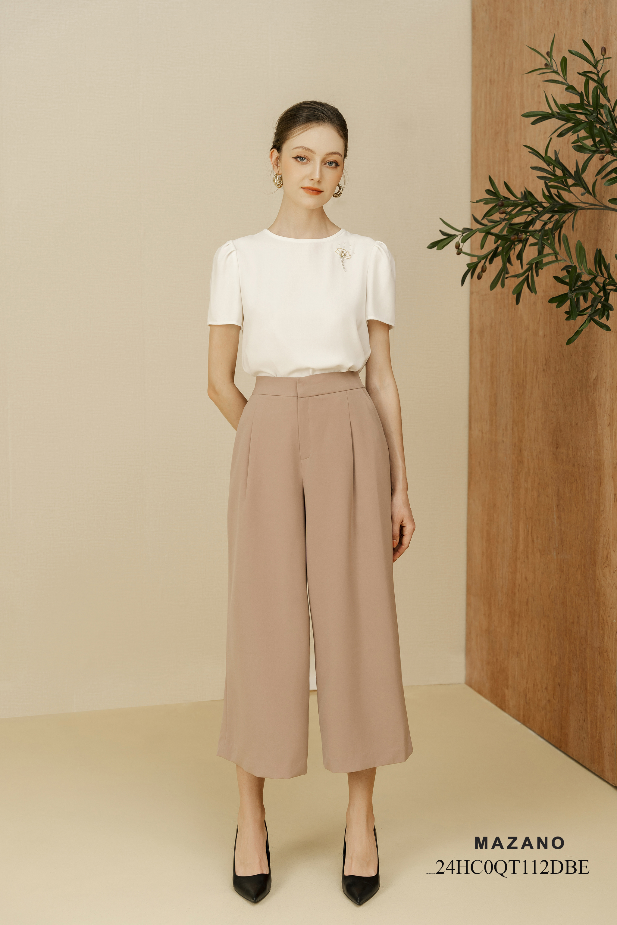 Quần suông ống rộng màu be