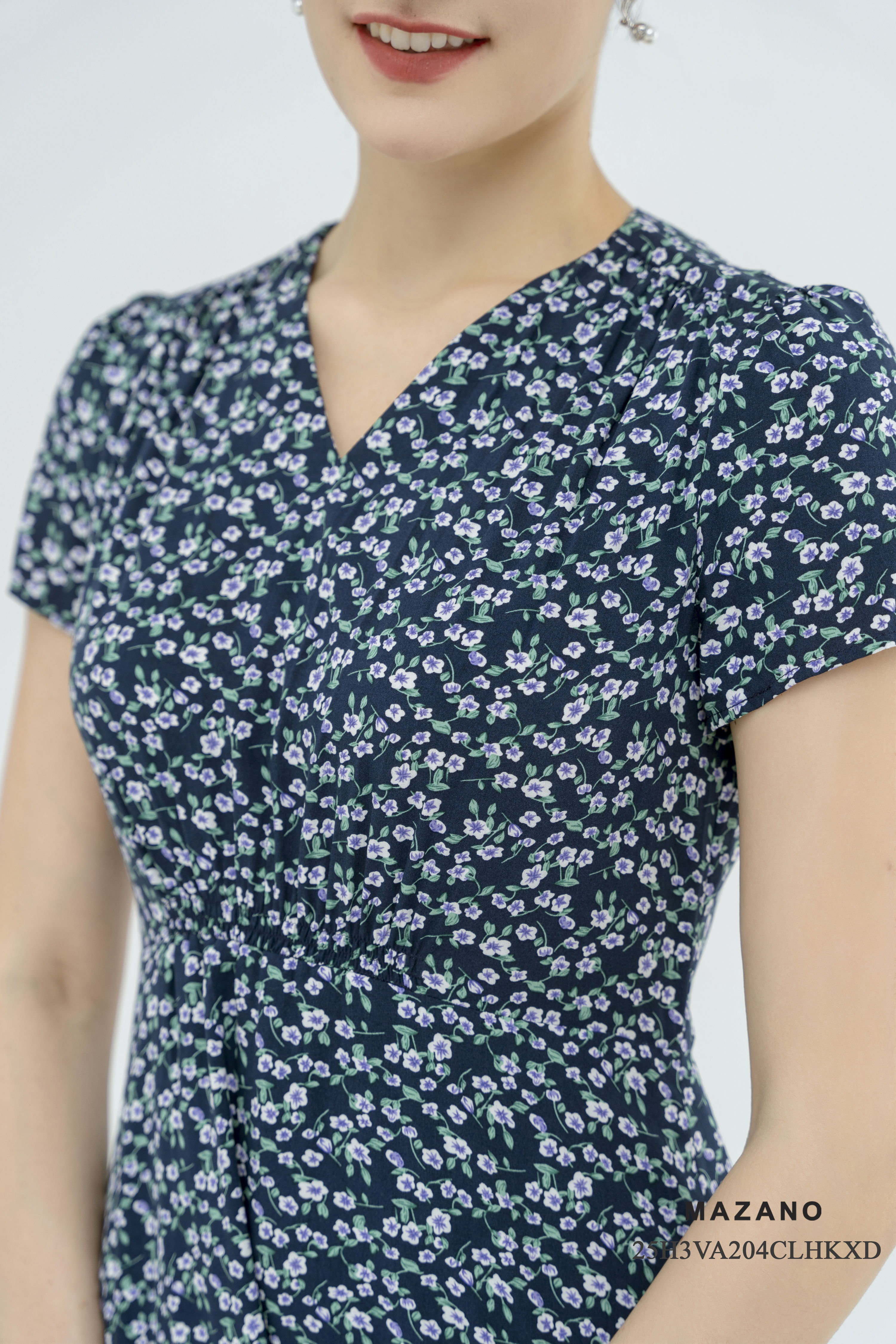 Váy Đầm eo cao thân ôm vừa nhún vai Cổ V tay ngắn Dài qua bắp chân_thumbnail_3