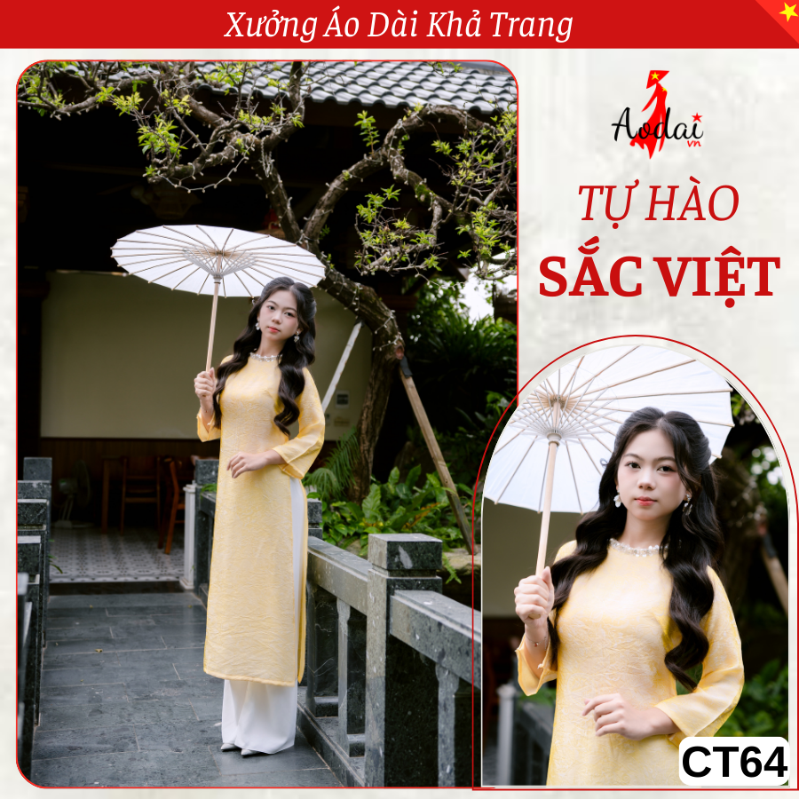 CT64 Áo Dài Cách Tân Gấm Tơ Óng Kim Cương màu Vàng Cổ Tròn Đính Hạt Tay Loe
