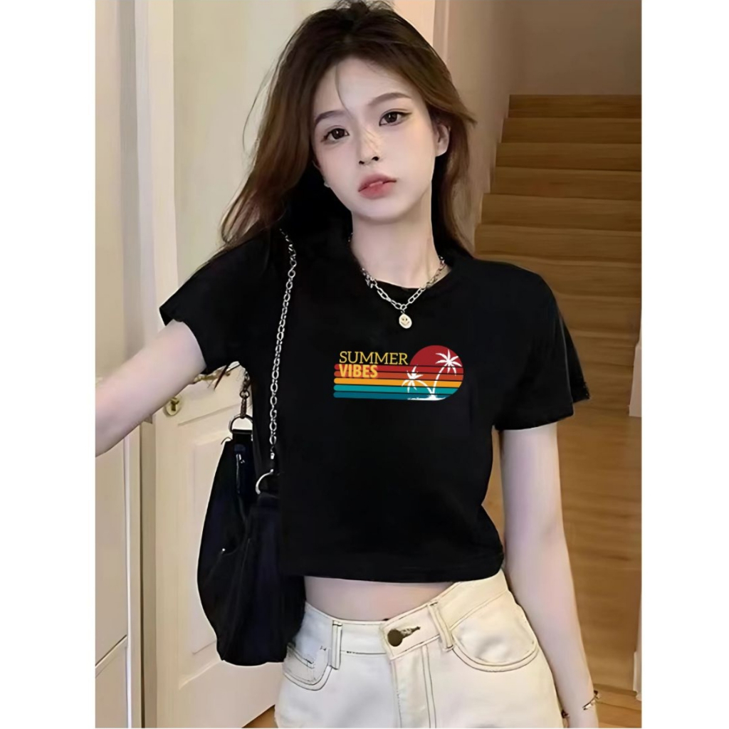 [Form Ôm] Áo croptop nữ ôm body màu đen in hình - Áo thun nữ dáng croptop ôm Loza - G0261