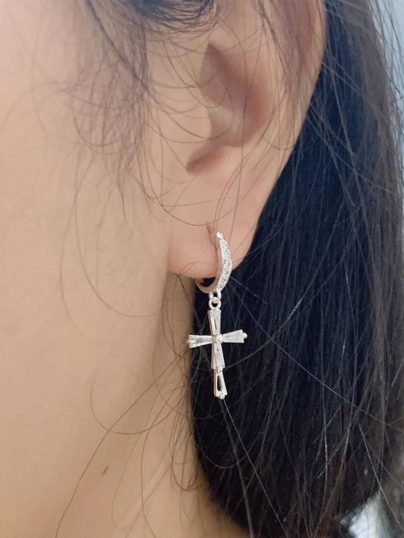 Khuyên tai Thánh Giá bạc unisex dáng dài nạm đá Zircon có chốt bấm/ trang sức Công Giáo KB03_thumbnail_2