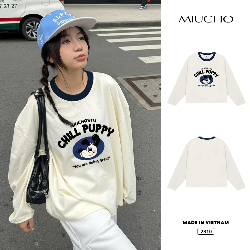 Áo thun tay dài form boxy Miucho vải thoáng mát phối cổ in mix tôn dáng Chill Puppy 2810