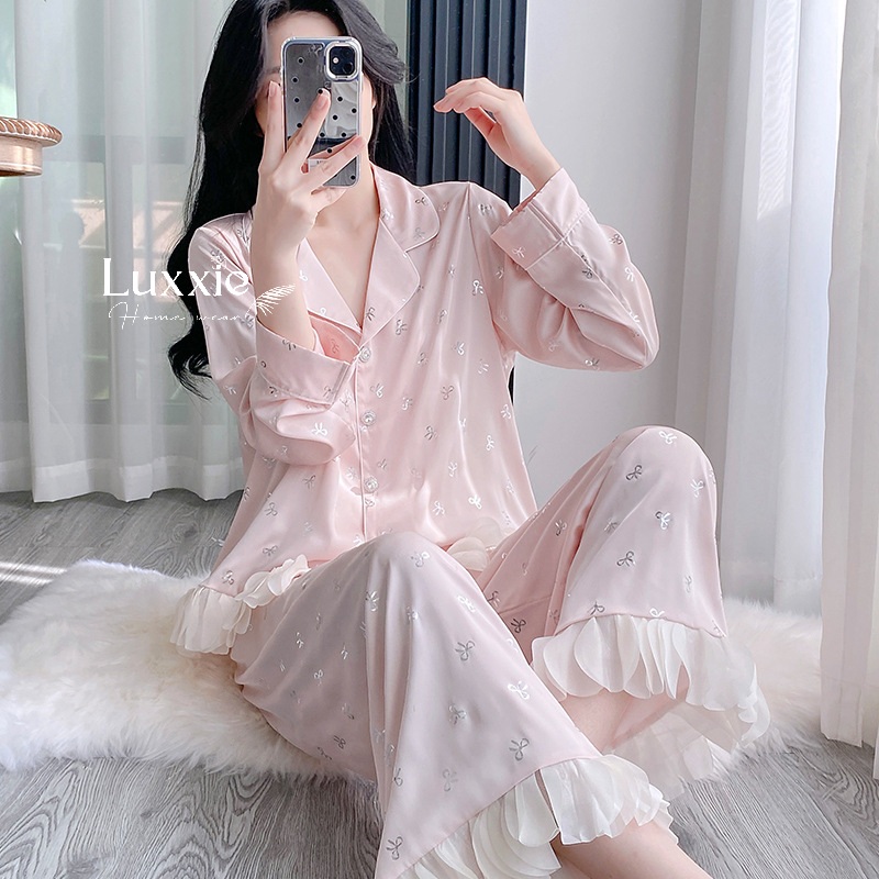 LEDAI06 Pijama lụa họa tiết nơ phối viền bồng