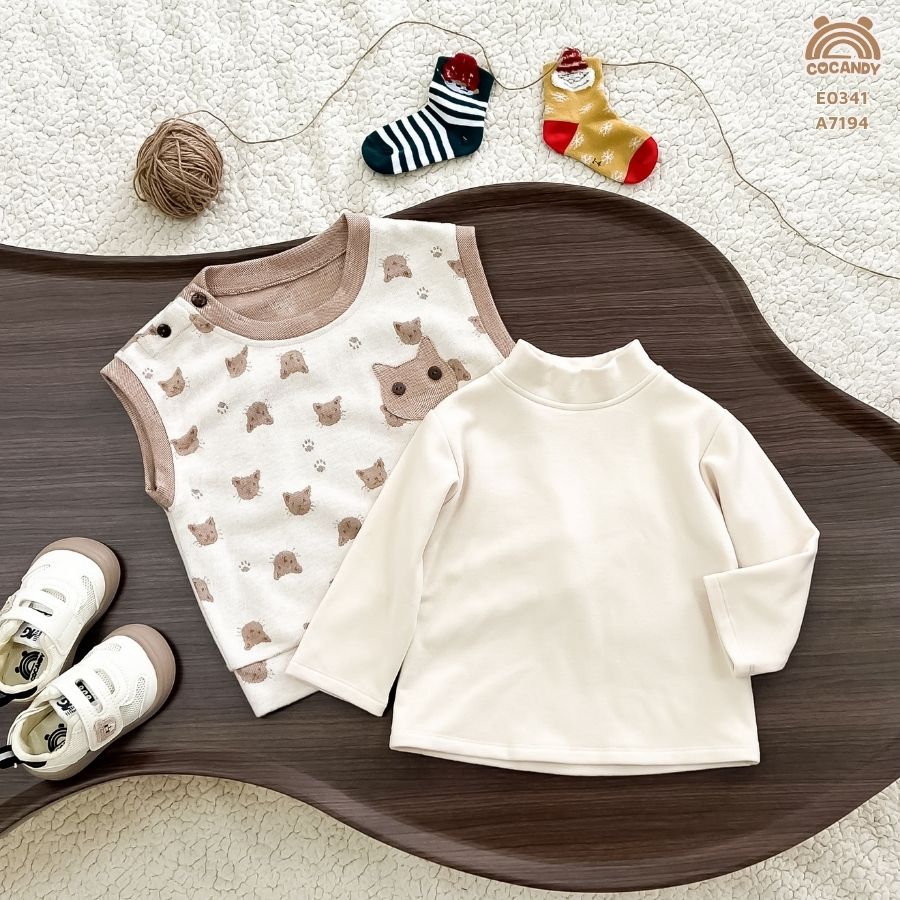 Áo gile len NÂU NHẠT cổ tròn hình mèo_thumbnail_1