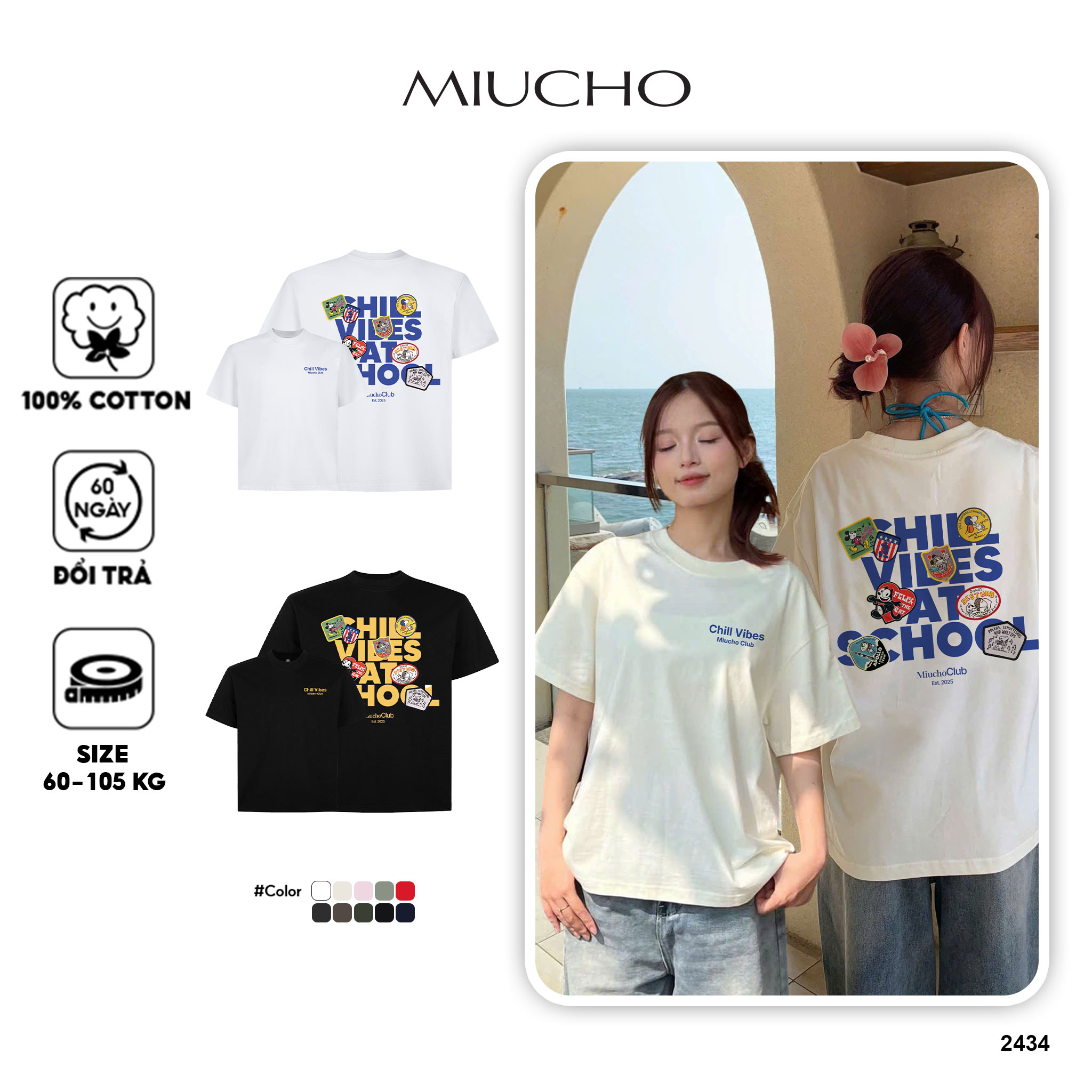 Áo thun boxy chill vibes AXD2434 Miucho cổ tròn vải cotton 2c 250gsm đứng form in mix_thumbnail_1