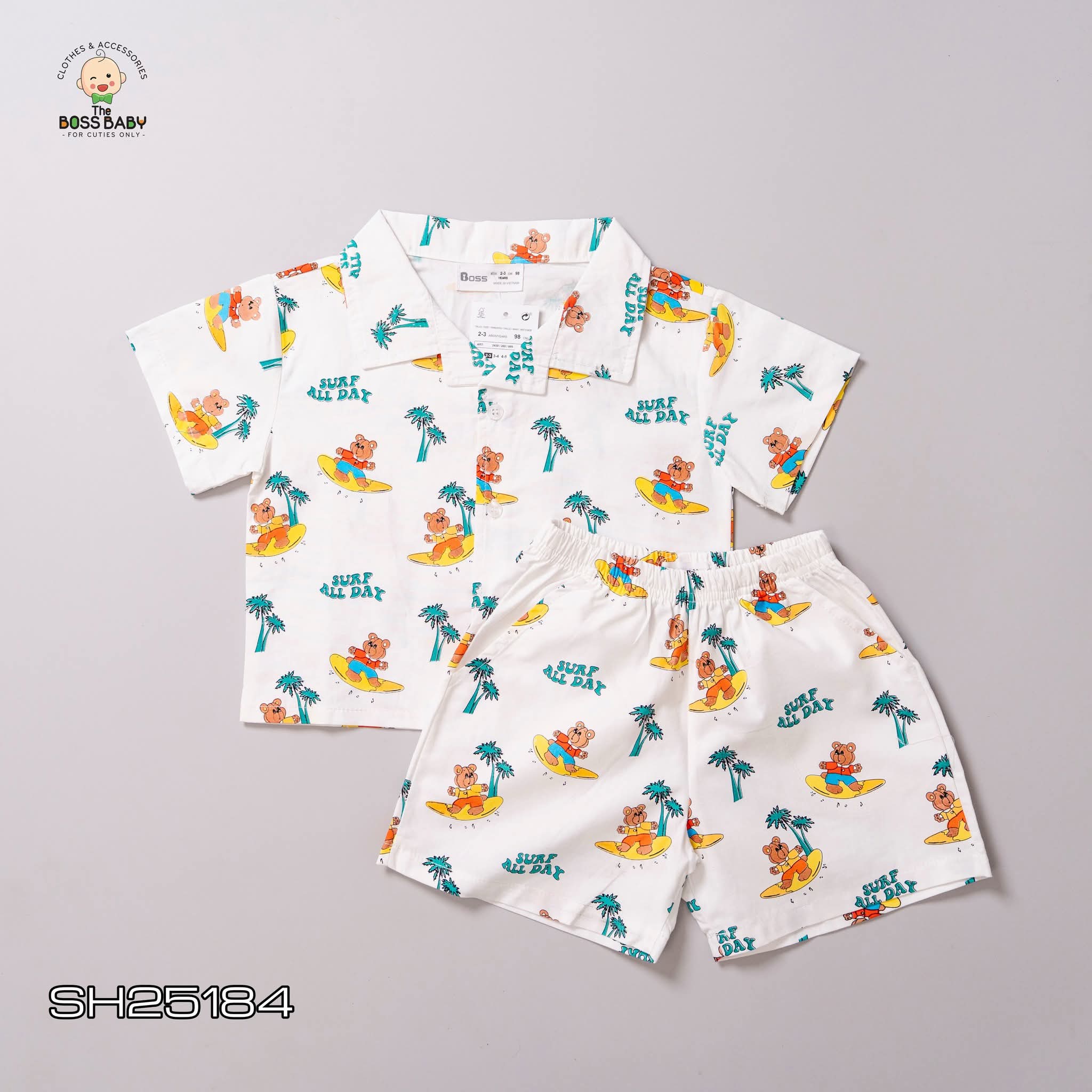 Set bộ pyjama trắng thô kaki gấu lướt sóng