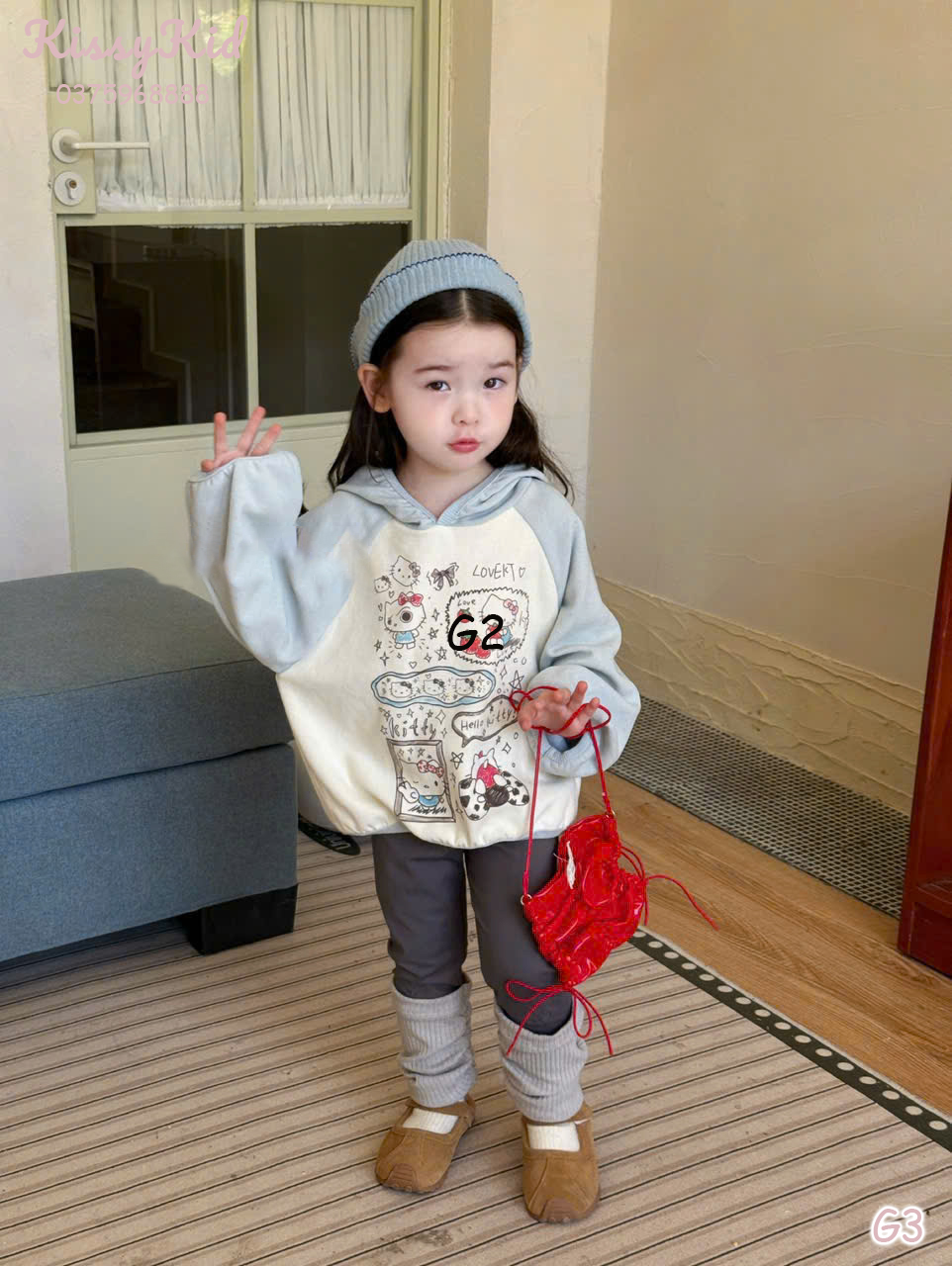 (G3) Set Áo nỉ họa tiết Kitty có mũ màu xanh dương CX7