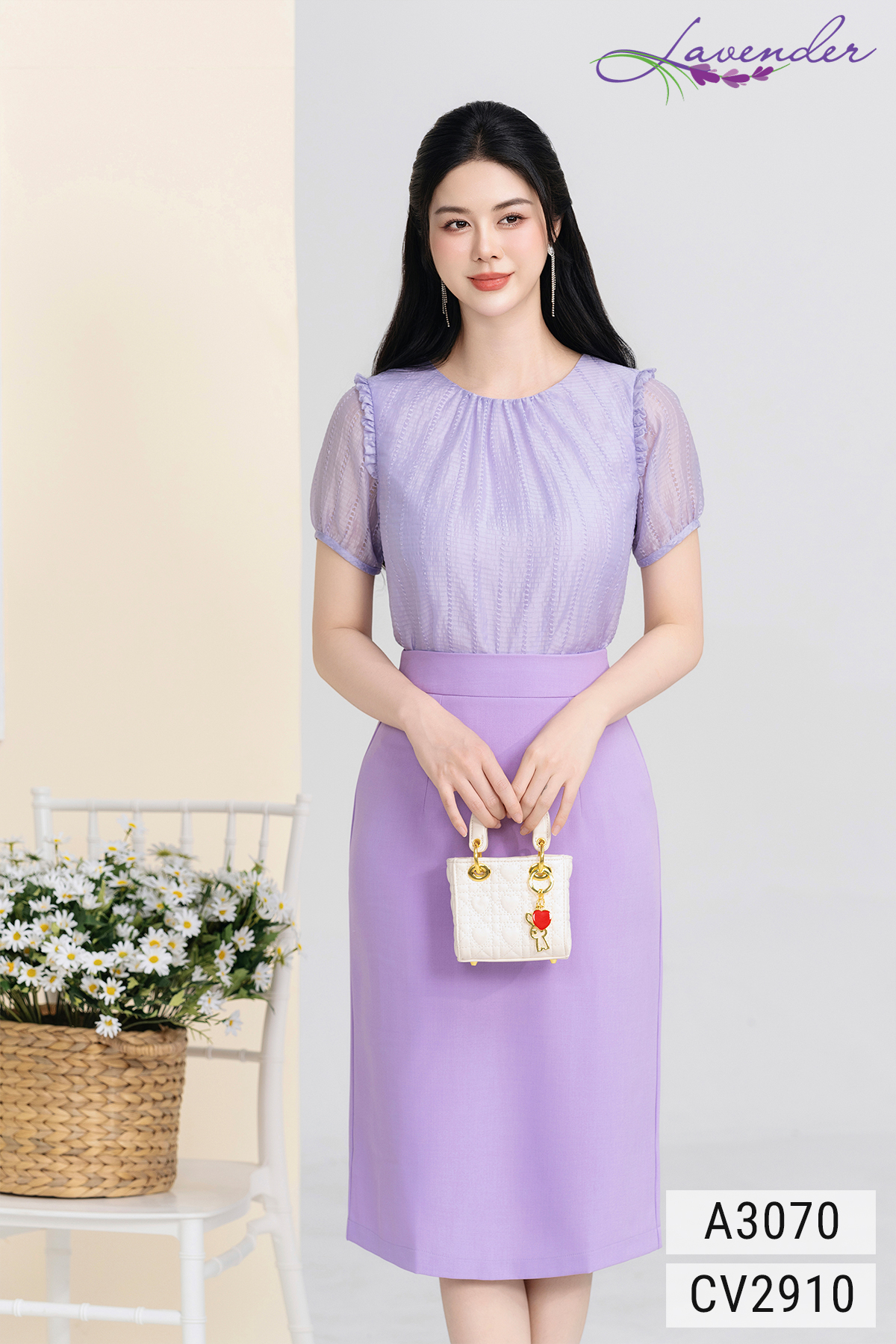 Áo sơ mi tơ tím sọc cổ tròn tay ngắn A3070