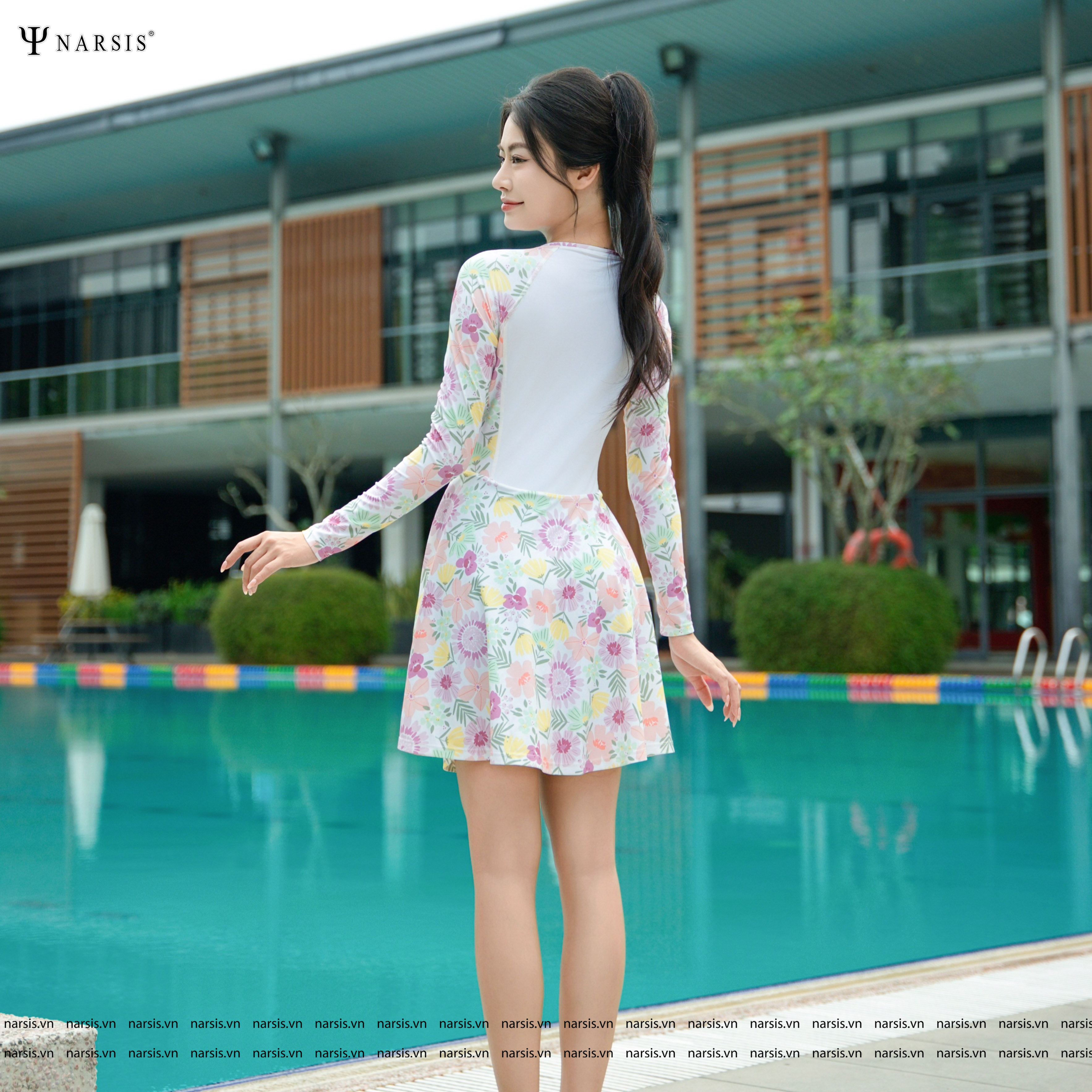 Váy Bơi Nữ Liền Thân Tay Dài Narsis Bộ Đồ Bơi Kín Đáo Có Khóa Kéo Trước Ngực Không Giữ Nước A25003_thumbnail_4