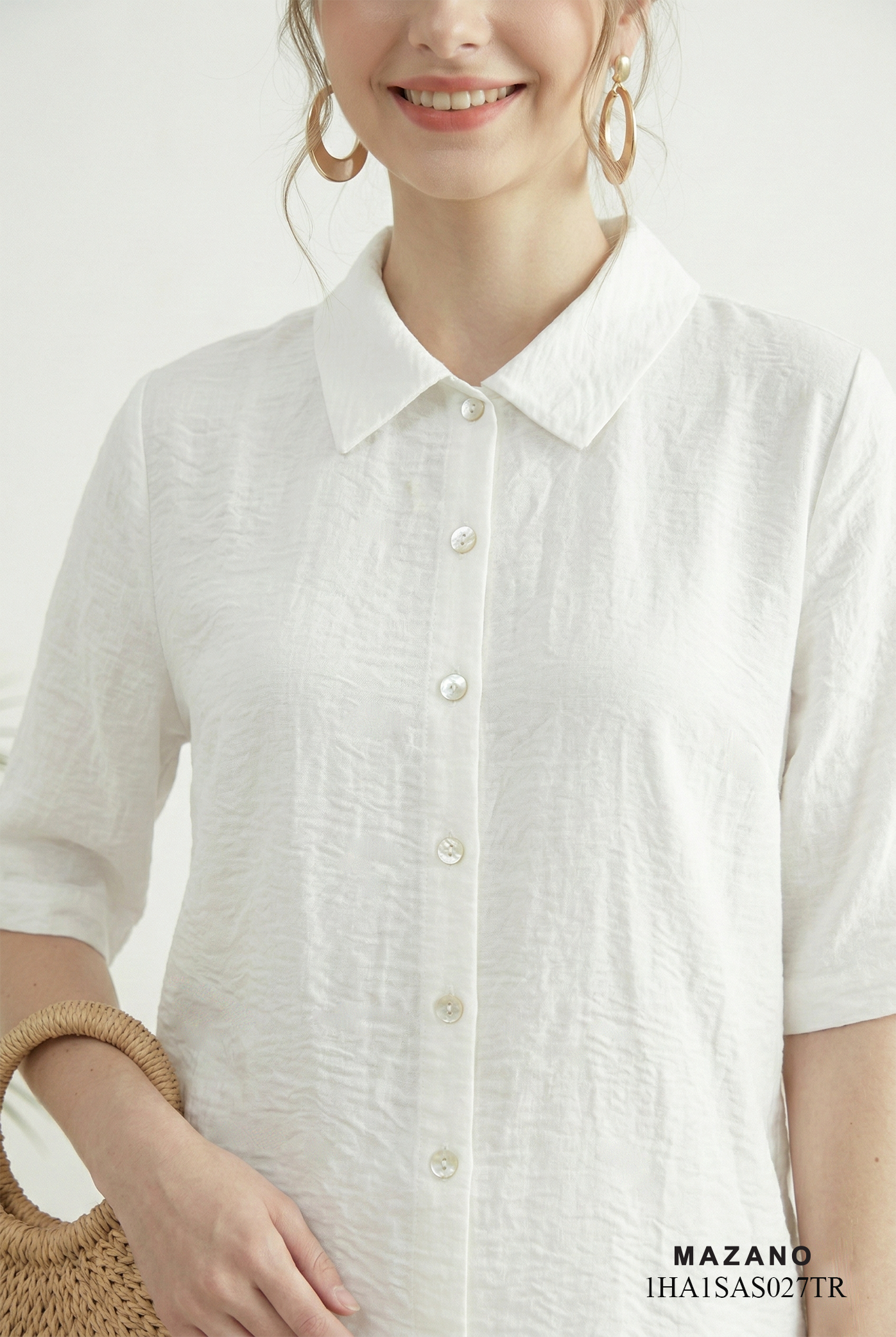 Áo sơ mi vải pha linen trắng dáng suông vừa cổ sơ mi thiết kế MAZANO 1HA1SAS027TR_thumbnail_4