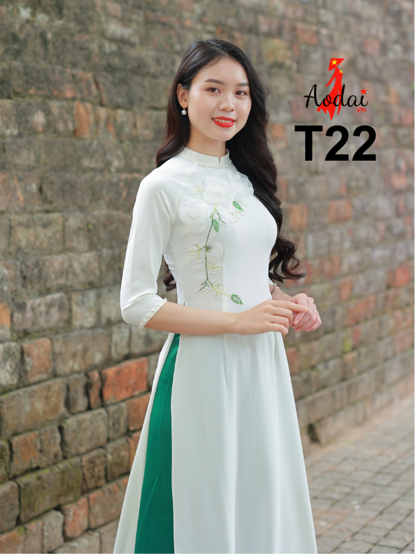 Áo dài KH22 lụa mỹ trắng cổ cao 2cm tay lỡ Kết hoa