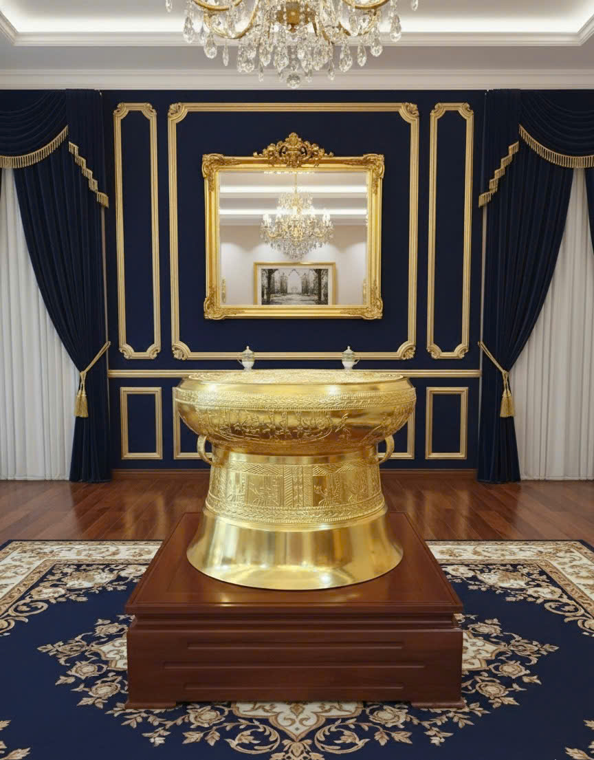 Trống đồng đường kính 60cm đúc đồng đỏ dát vàng 9999