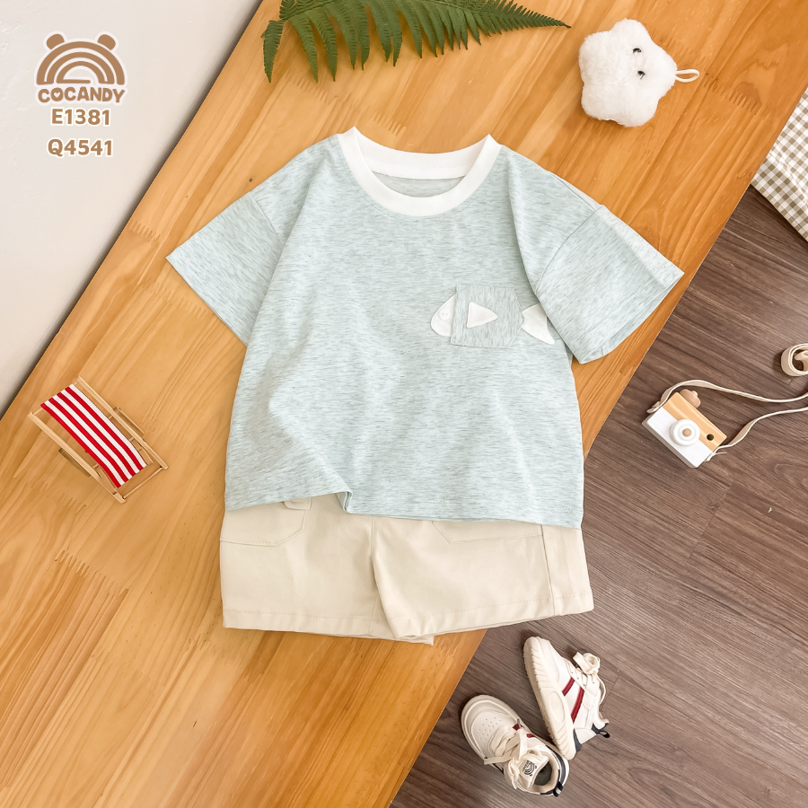 Áo cộc cotton XANH họa tiết túi cá