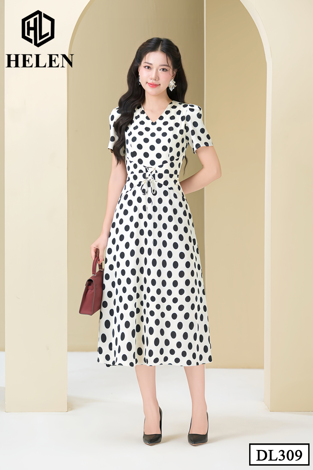 Đầm xòe kem chấm bi to cổ V thắt nơ eo DL309_thumbnail_2