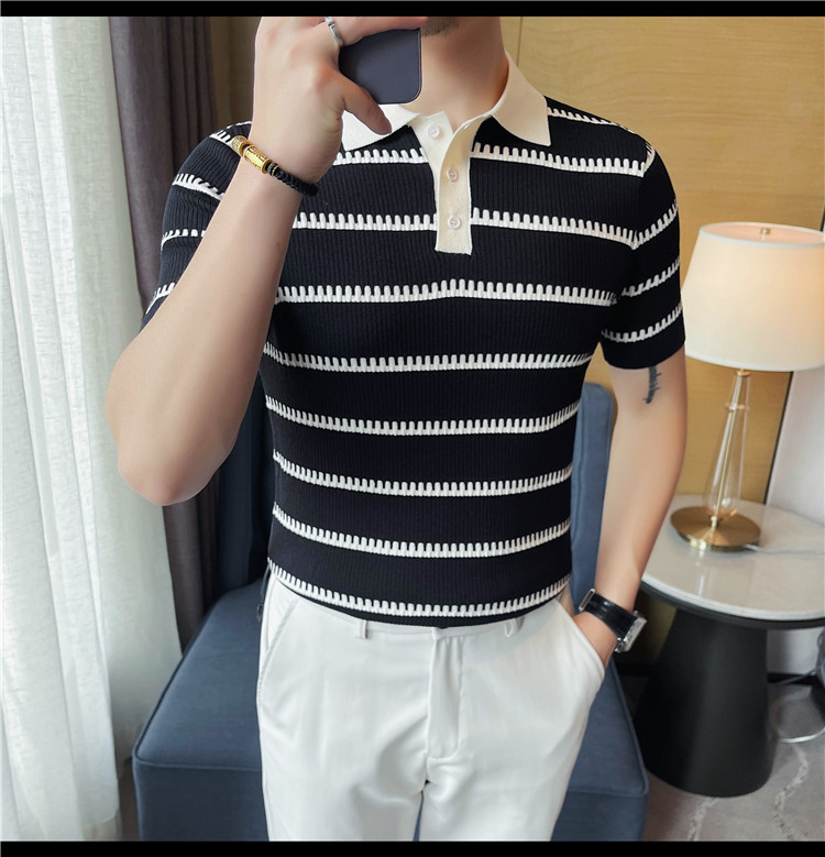 PA59 – Áo polo nam dệt kim băng lụa sọc tay ngắn, ve áo co giãn