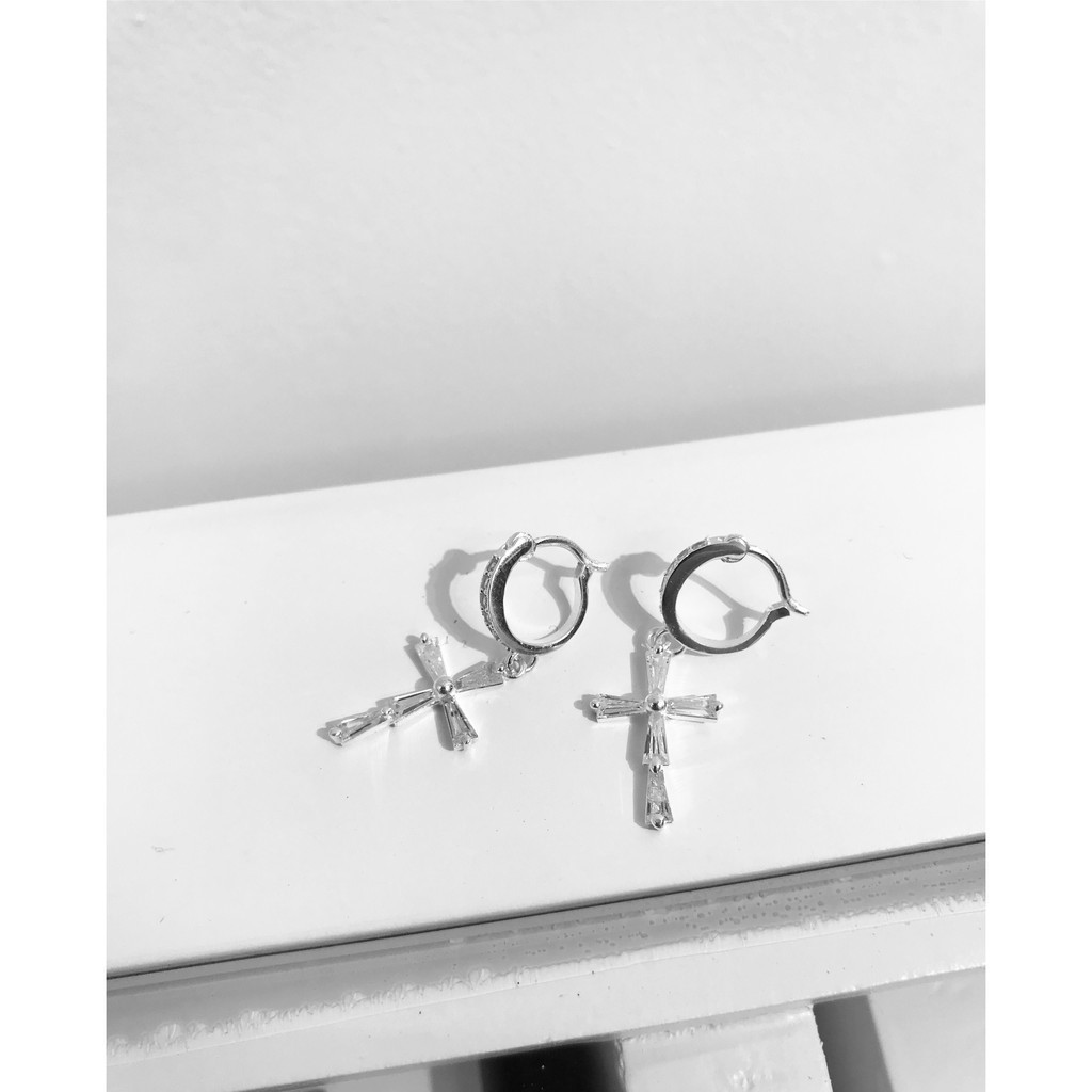 Khuyên tai Thánh Giá bạc unisex dáng dài nạm đá Zircon có chốt bấm/ trang sức Công Giáo KB03_thumbnail_4