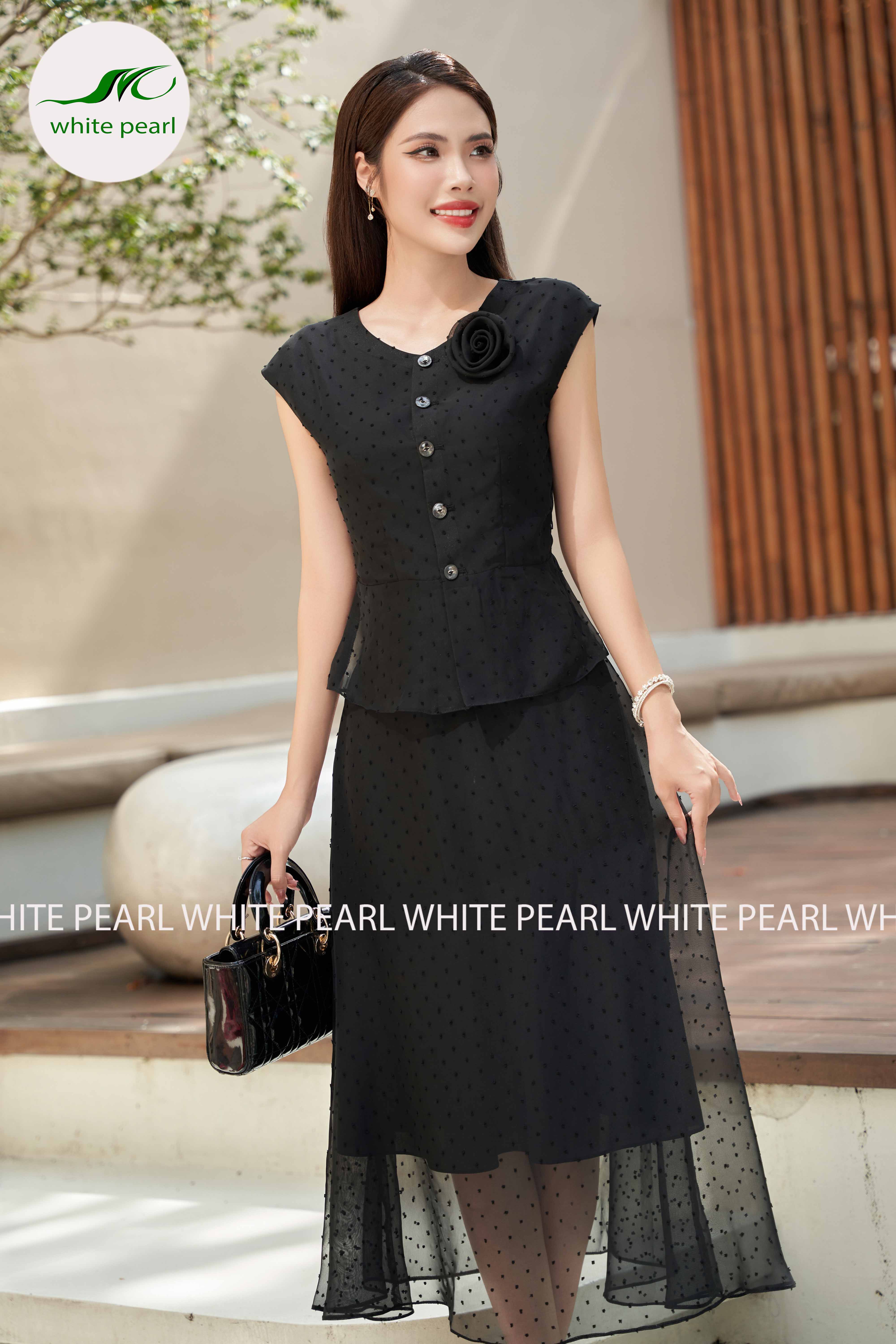 SET Áo bepzum kết hợp chân váy xòe Màu Đen thời trang công sở cao cấp White Pearl_thumbnail_1