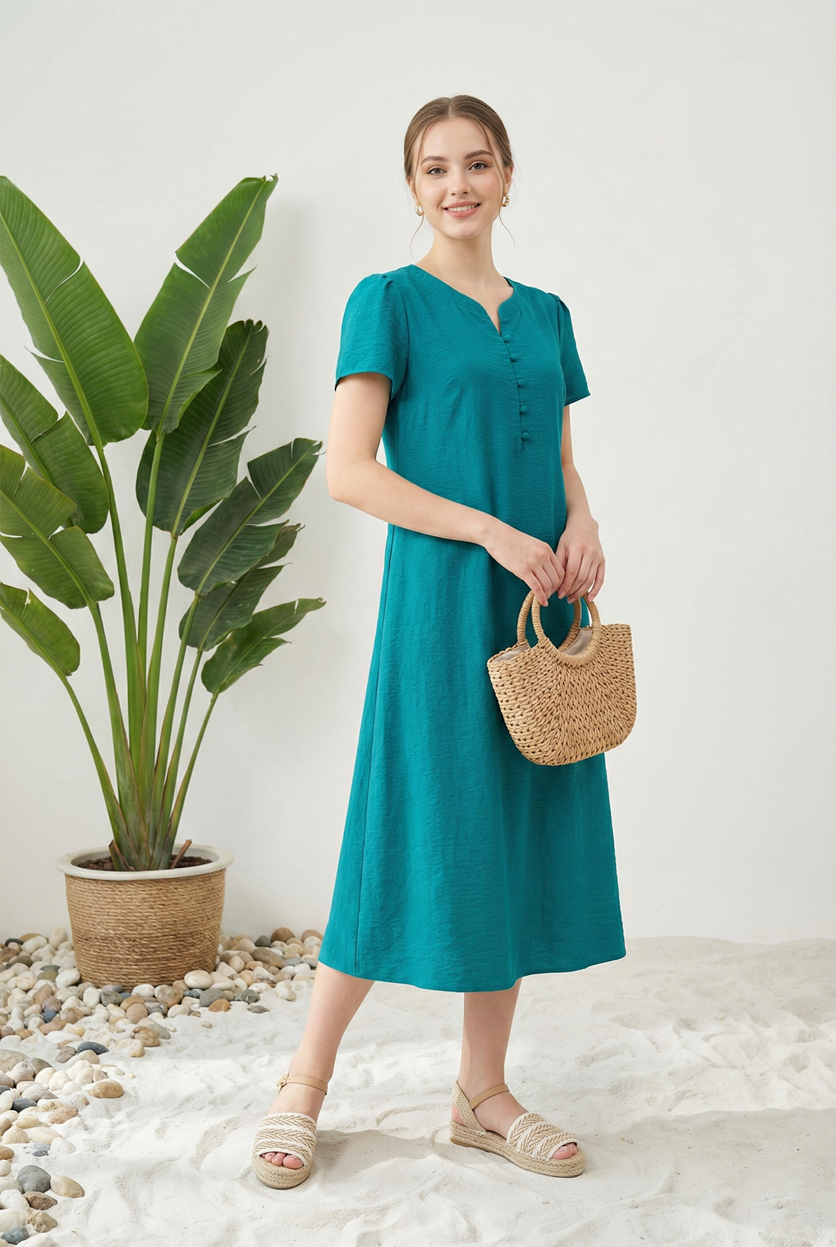 Đầm vải pha linen xanh dáng suông cổ tàu cách điệu tay ngắn thiết kế MAZANO