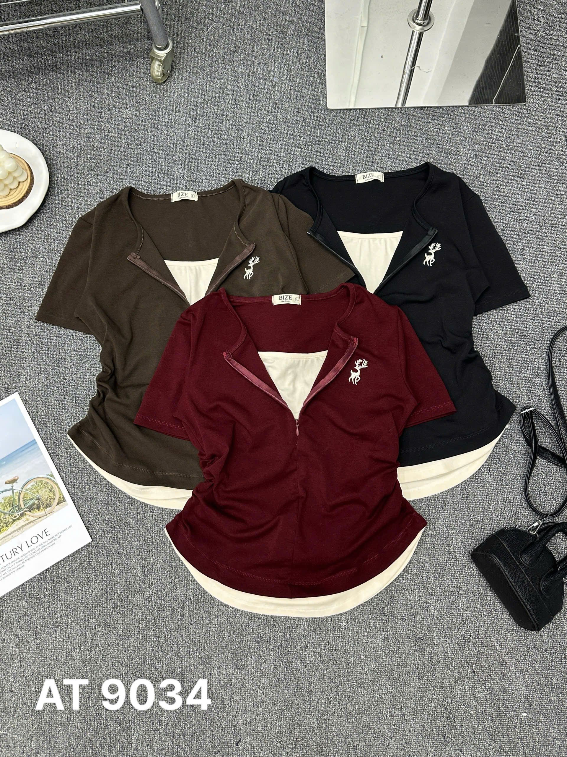 Áo thun thêu hươu phối dây kéo trước bigsize AT9034 dành cho nàng béo mập từ 55-90kg