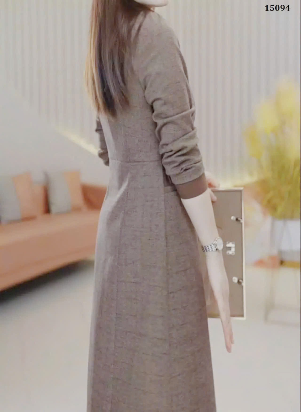 15094-Đầm A vạt lệch cách  điệu cổ kết nơ (linen sọc, giãn nhẹ)_thumbnail_4