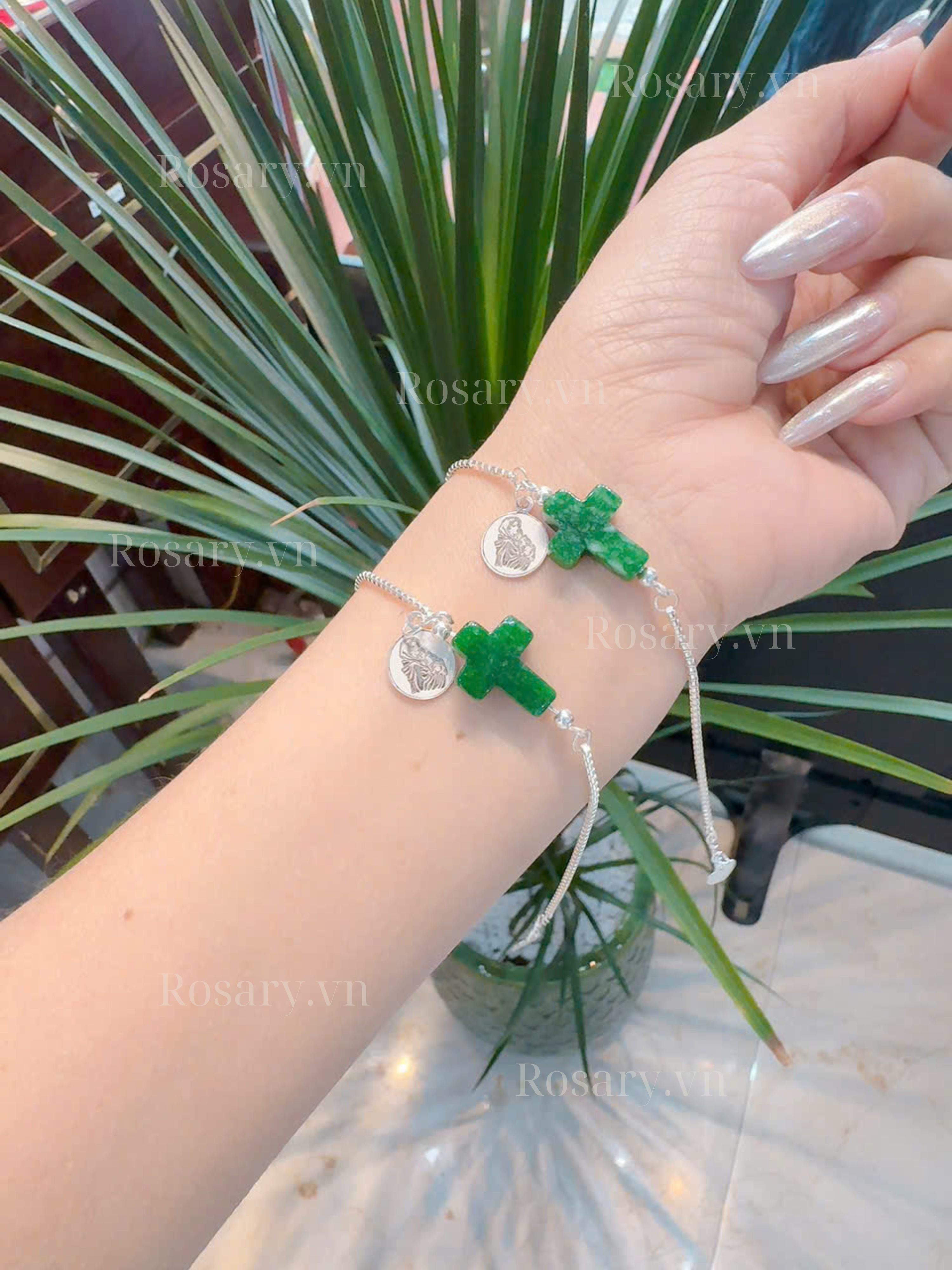 Lắc tay bạc nữ Thánh Giá ảnh tượng Đức Mẹ  có khuy cài điều chỉnh độ rộng/ trang sức công giáo
