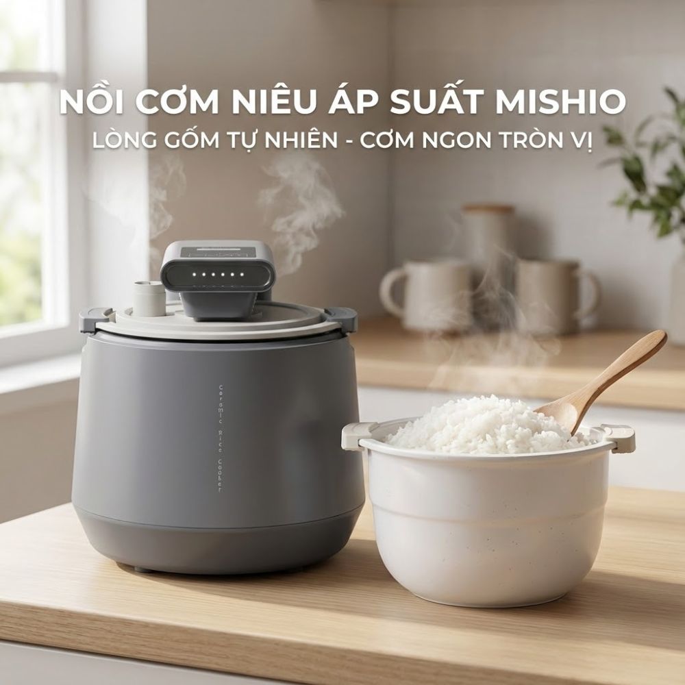 Nồi Cơm Điện Áp Suất Lòng Sứ Dưỡng Sinh Mishio MK396