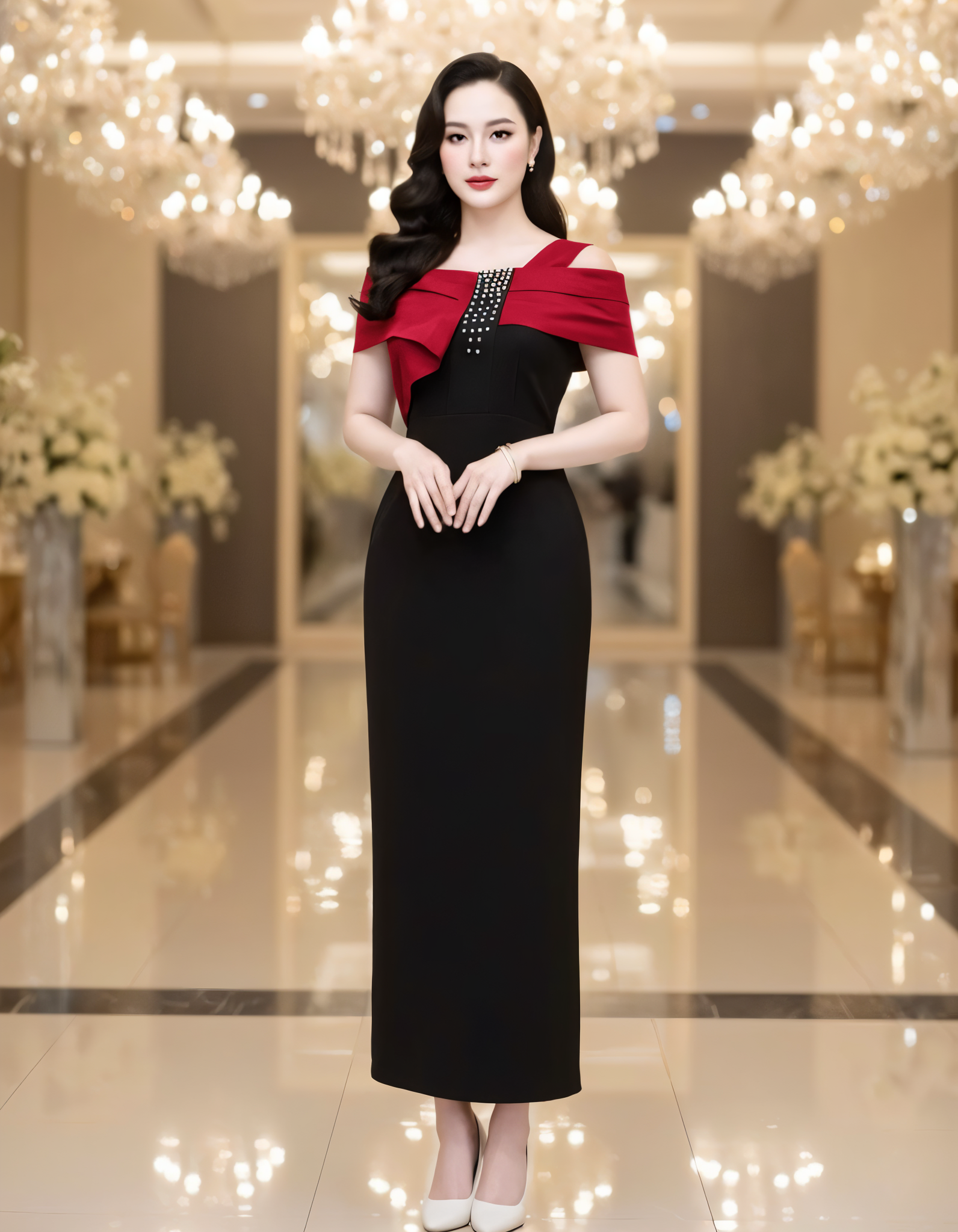 Đầm thiết kế dự tiệc phối cổ sang trọng