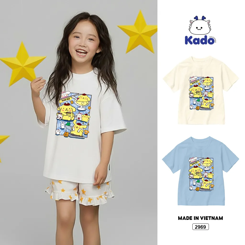 Áo thun bé gái hoạt hình dễ thương Kado vải cotton thoáng mát cổ tròn in artwork 2969